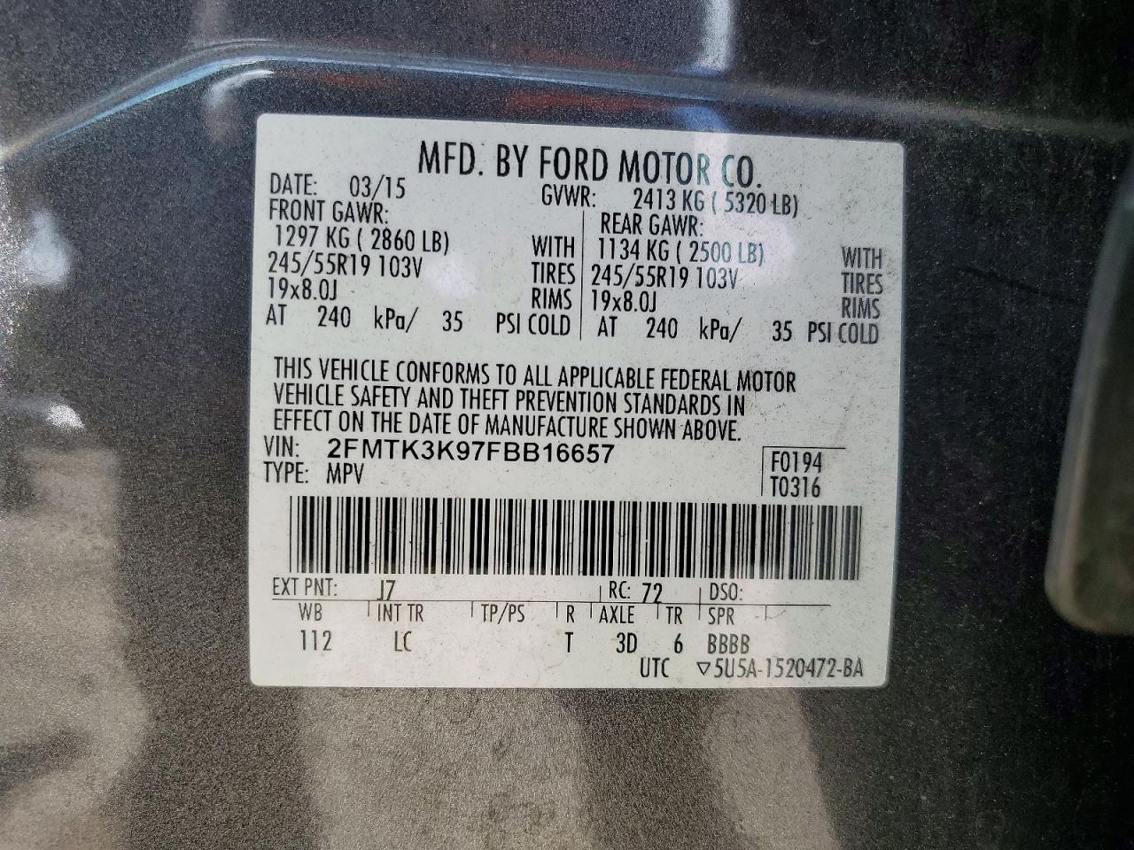 2015 Ford Edge Titanium Серый vin: 2FMTK3K97FBB16657