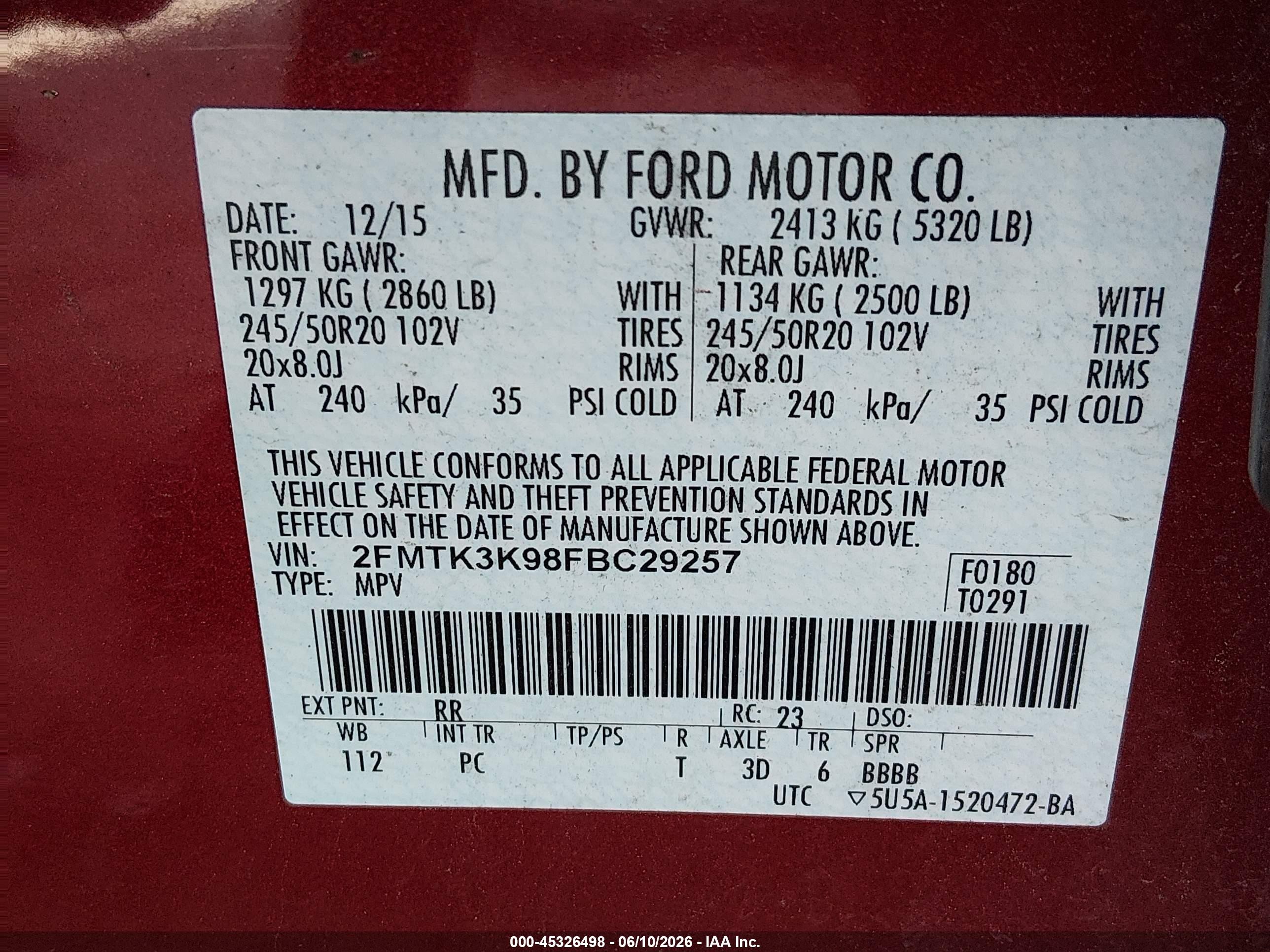 2015 Ford Edge Titanium Red vin: 2FMTK3K98FBC29257