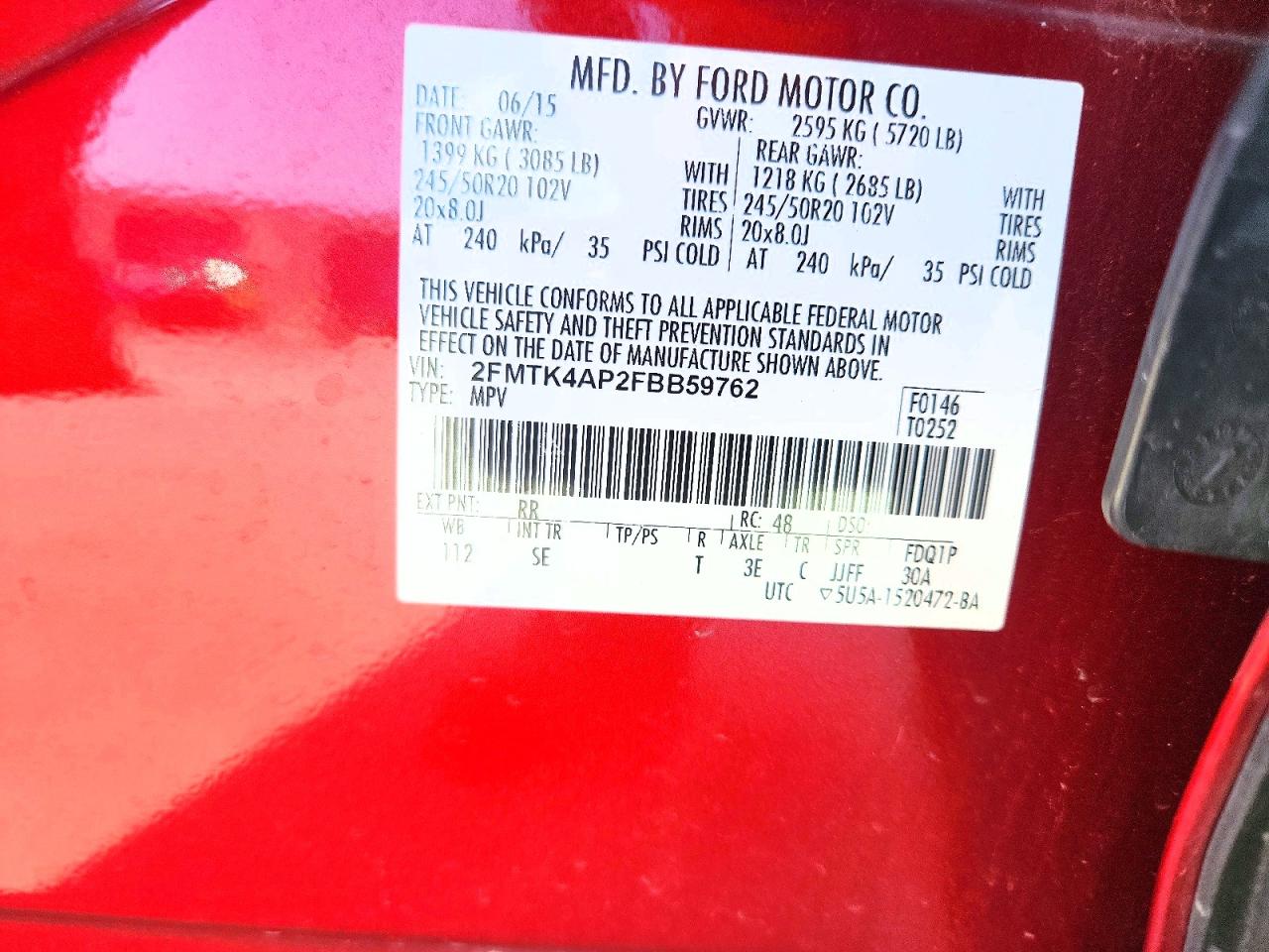 2015 Ford Edge Sport Red vin: 2FMTK4AP2FBB59762