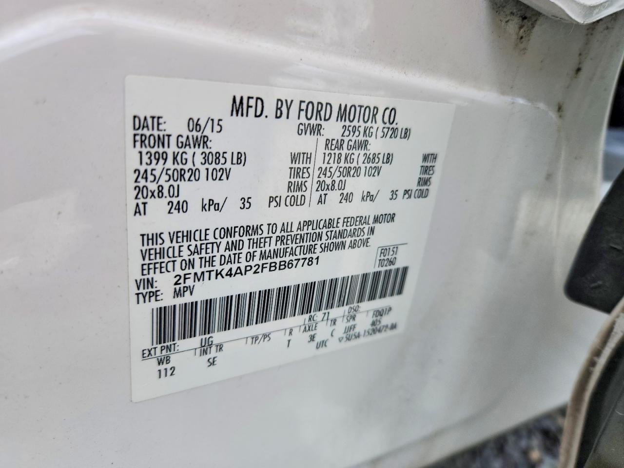 2015 Ford Edge Sport White vin: 2FMTK4AP2FBB67781