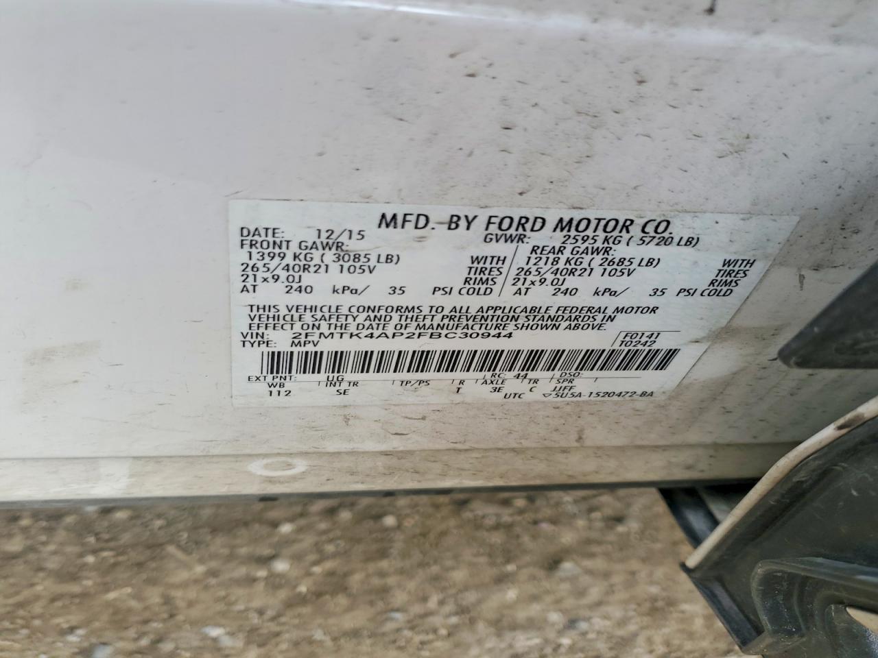 2015 Ford Edge Sport White vin: 2FMTK4AP2FBC30944