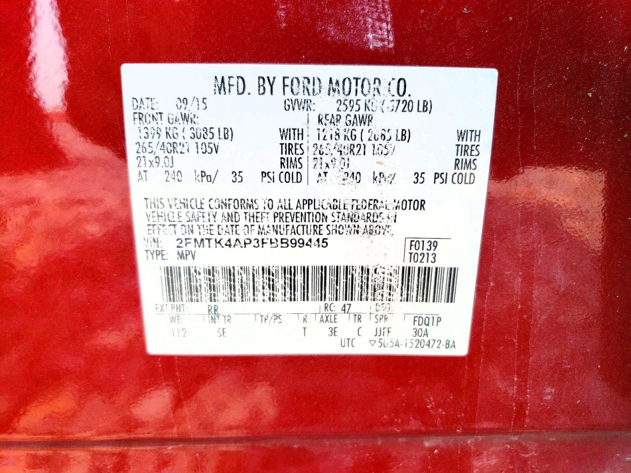 2015 Ford Edge Sport Red vin: 2FMTK4AP3FBB99445