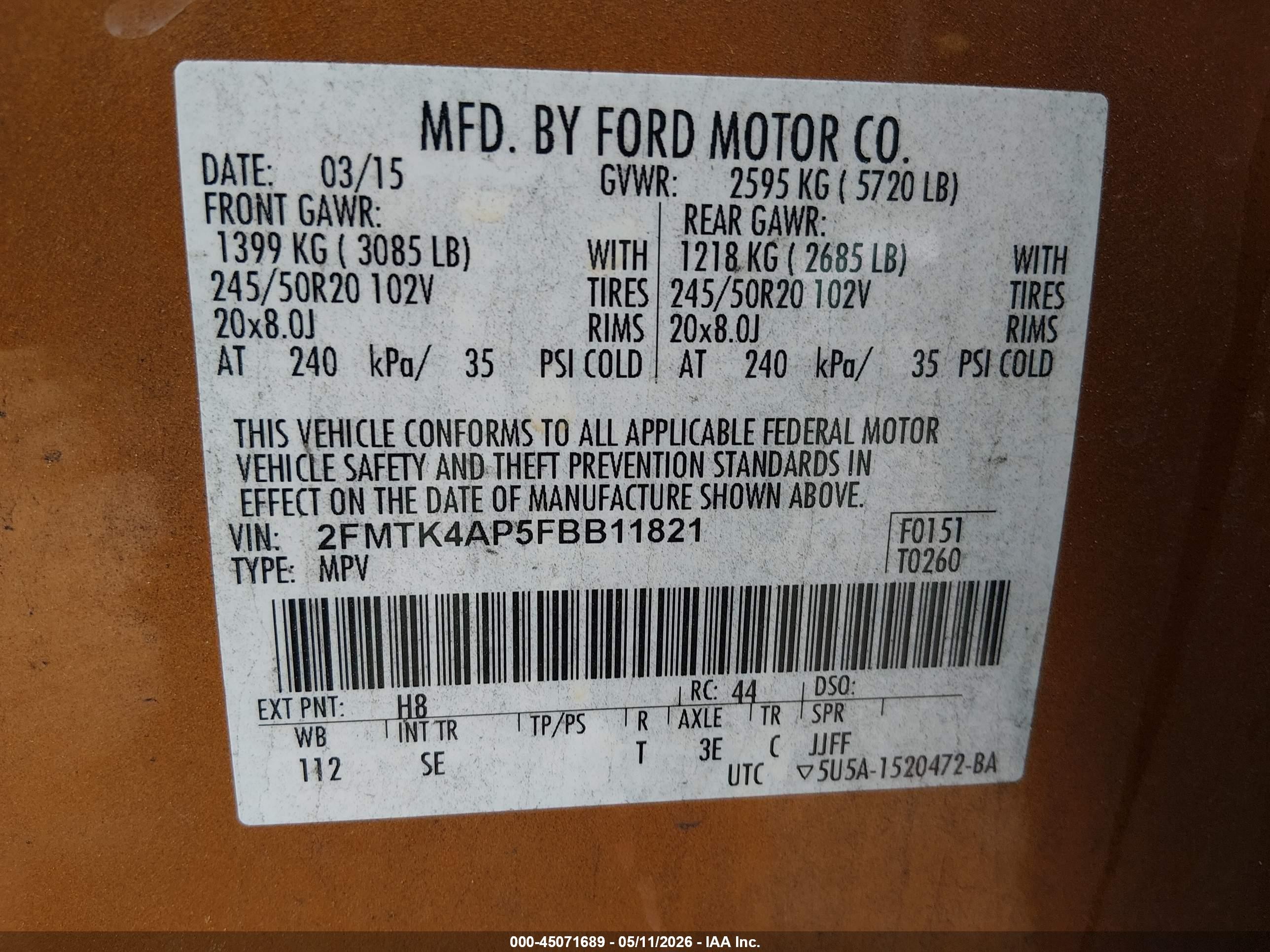 2015 Ford Edge Sport Orange vin: 2FMTK4AP5FBB11821
