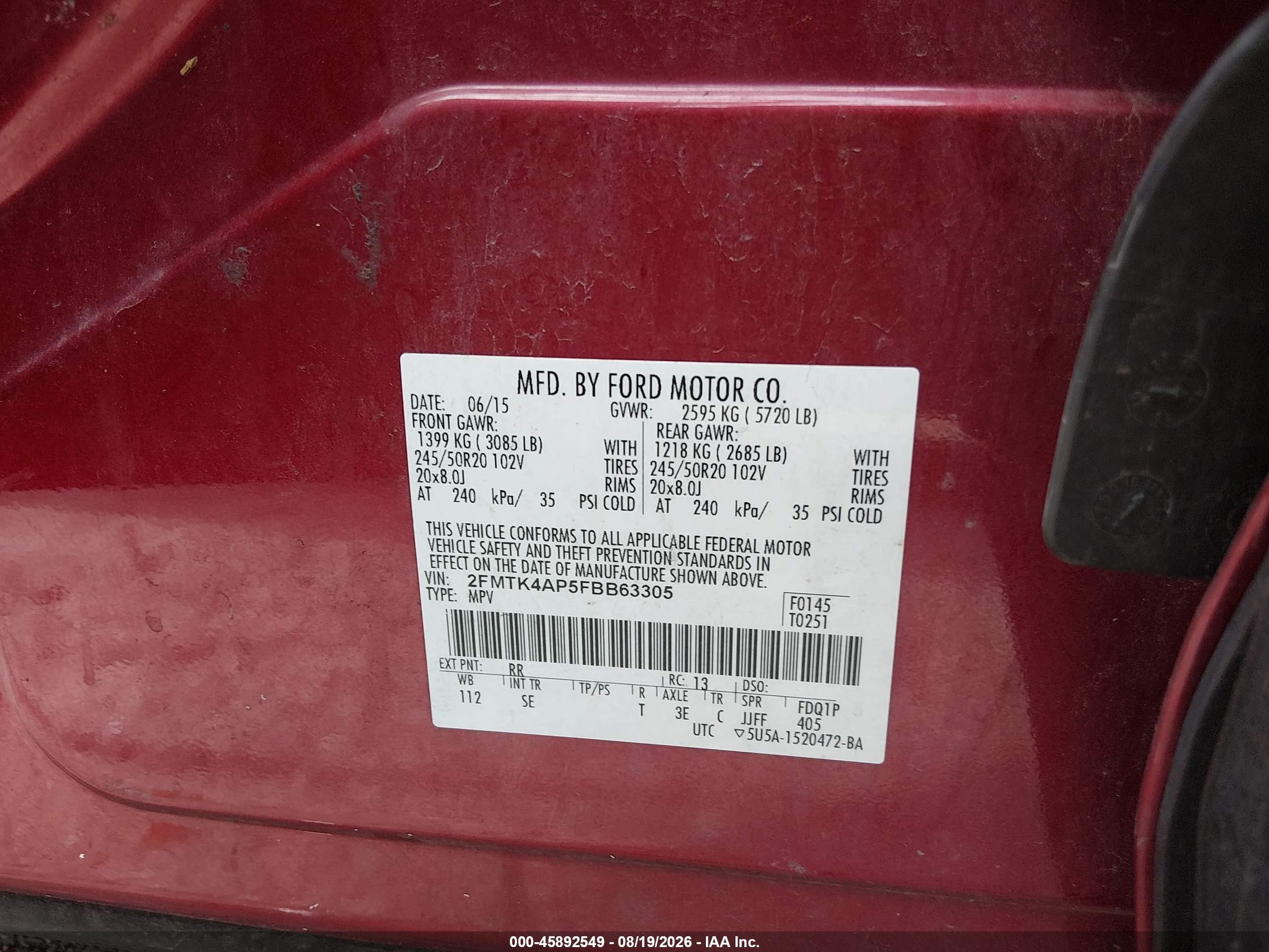 2015 Ford Edge Sport Red vin: 2FMTK4AP5FBB63305