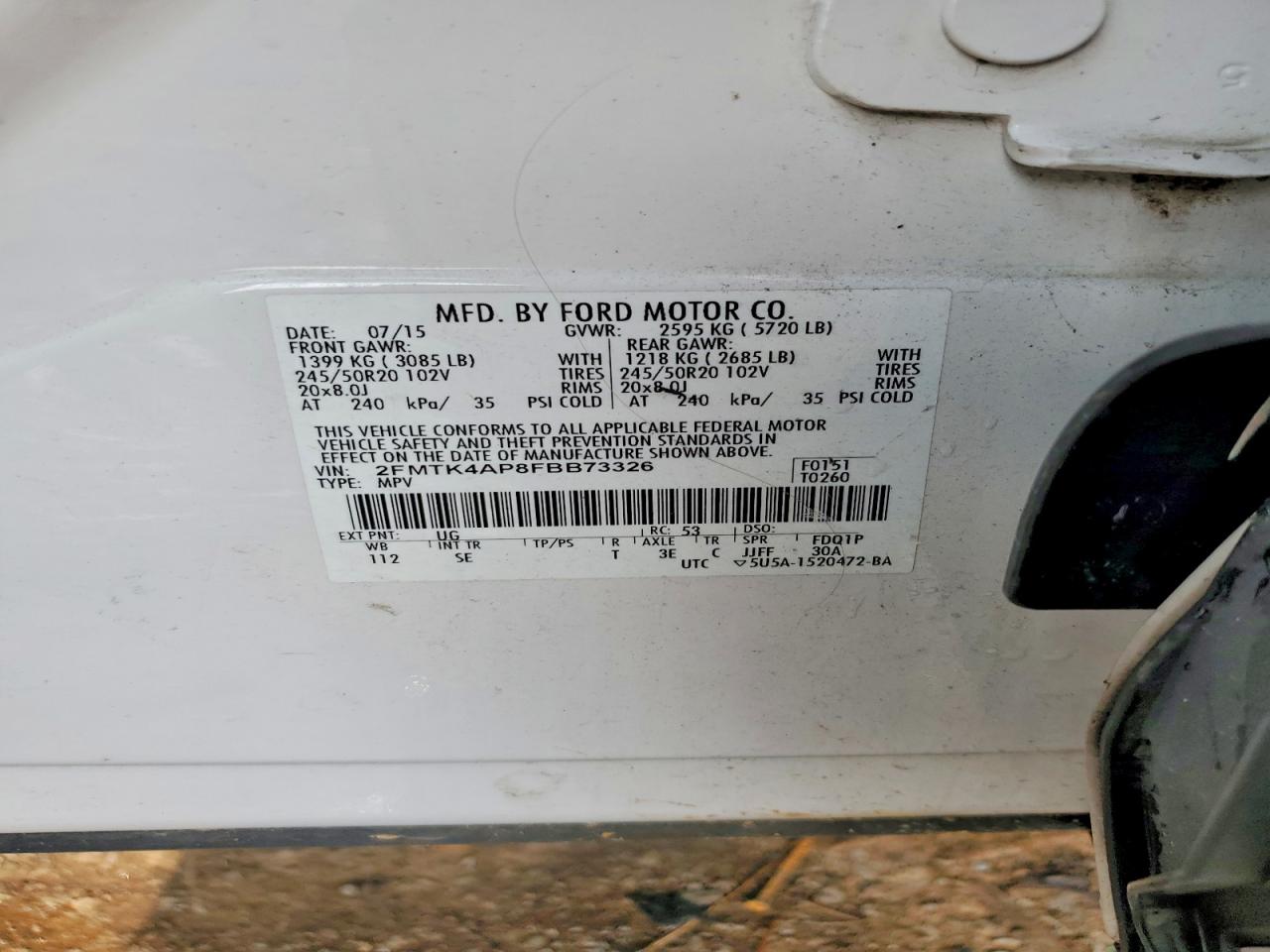2015 Ford Edge Sport White vin: 2FMTK4AP8FBB73326