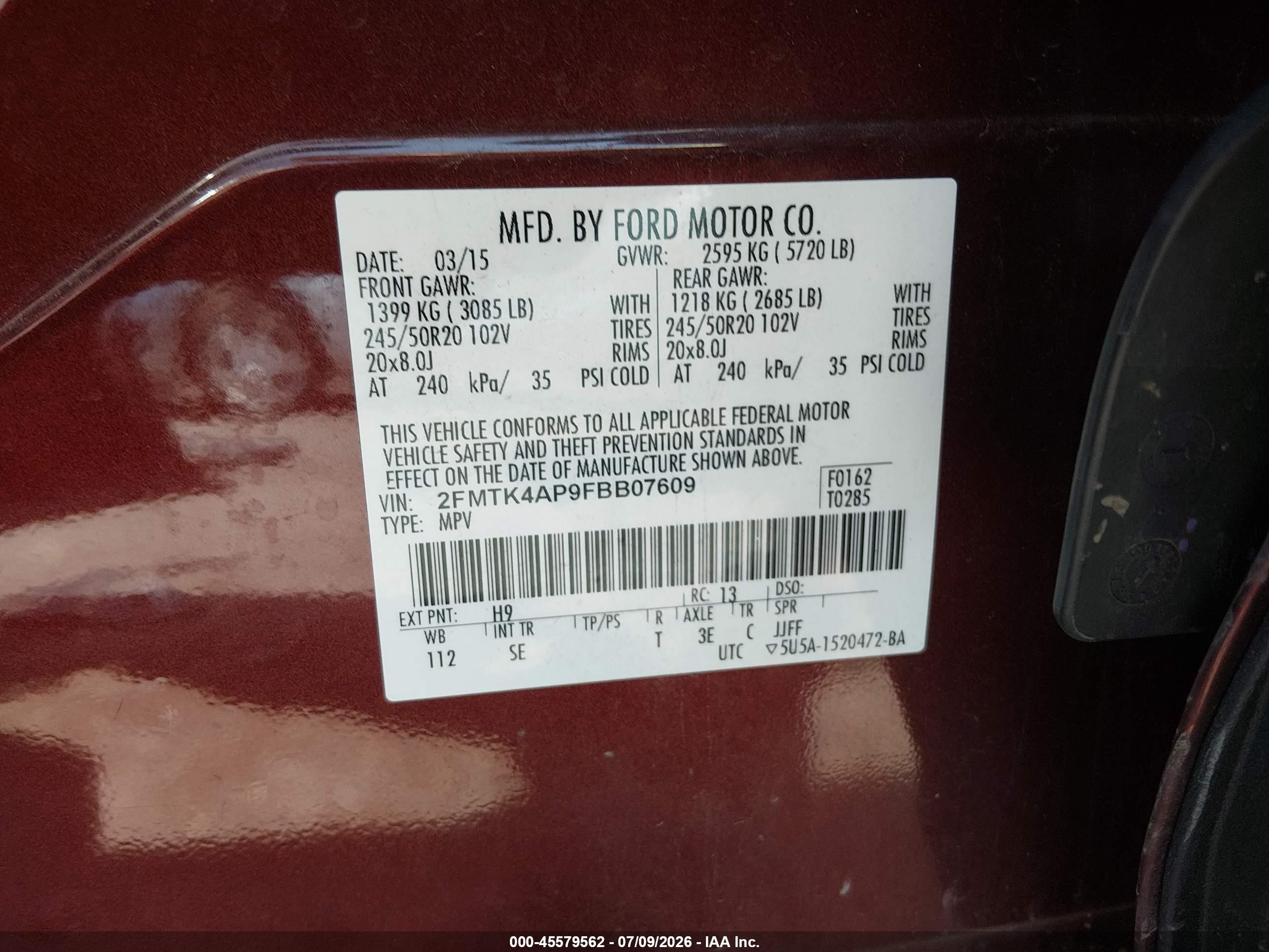 2015 Ford Edge Sport Maroon vin: 2FMTK4AP9FBB07609