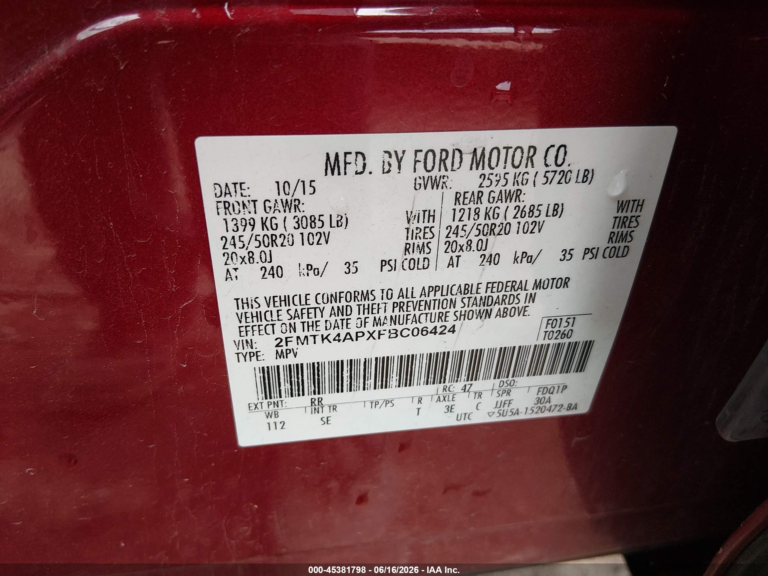 2015 Ford Edge Sport Red vin: 2FMTK4APXFBC06424