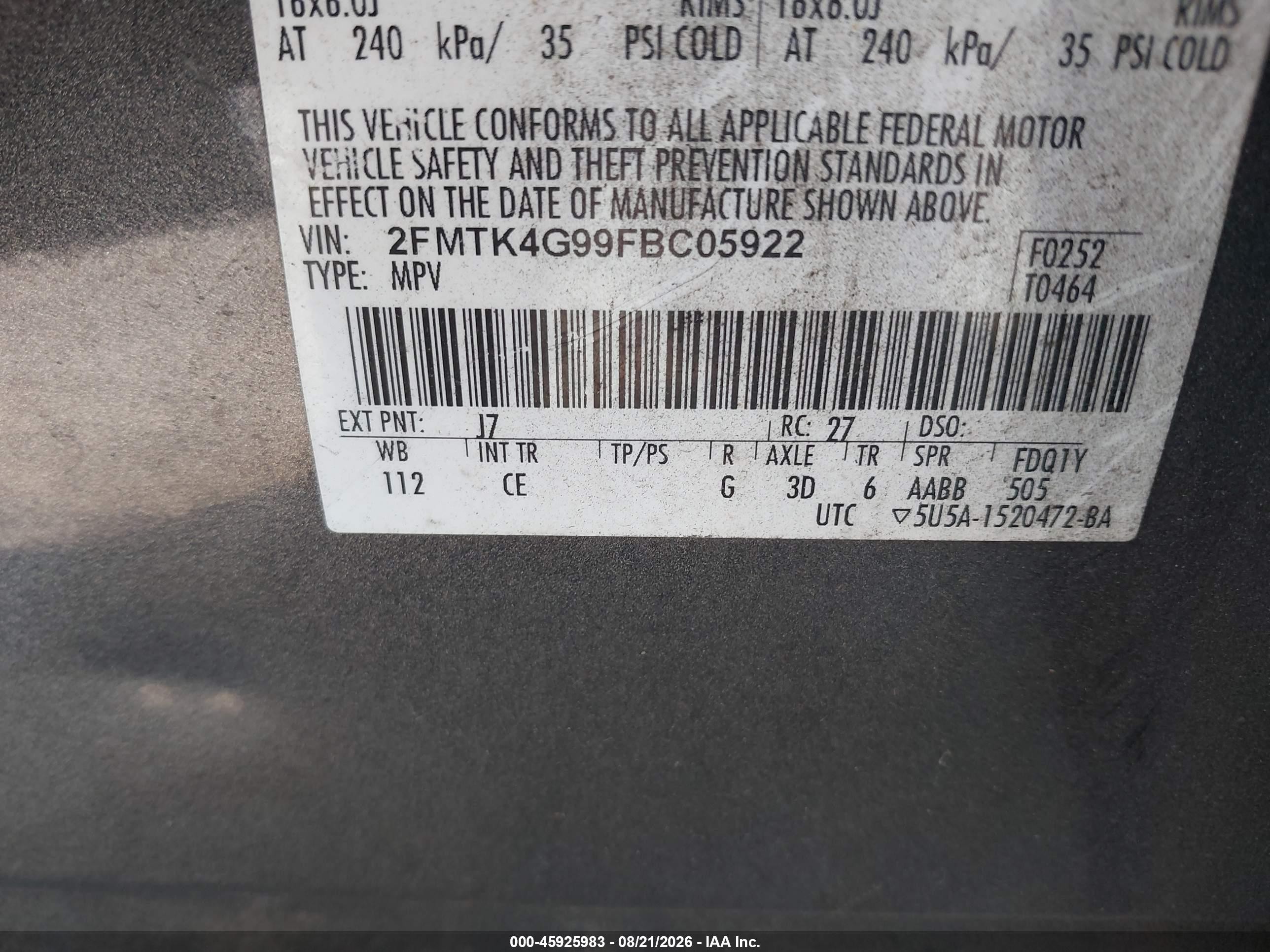 2015 Ford Edge Se Серый vin: 2FMTK4G99FBC05922