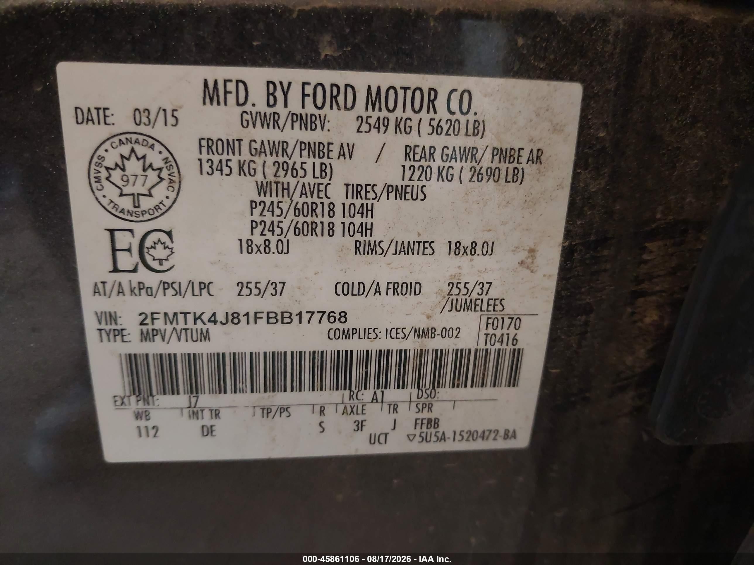 2015 Ford Edge Sel Gray vin: 2FMTK4J81FBB17768
