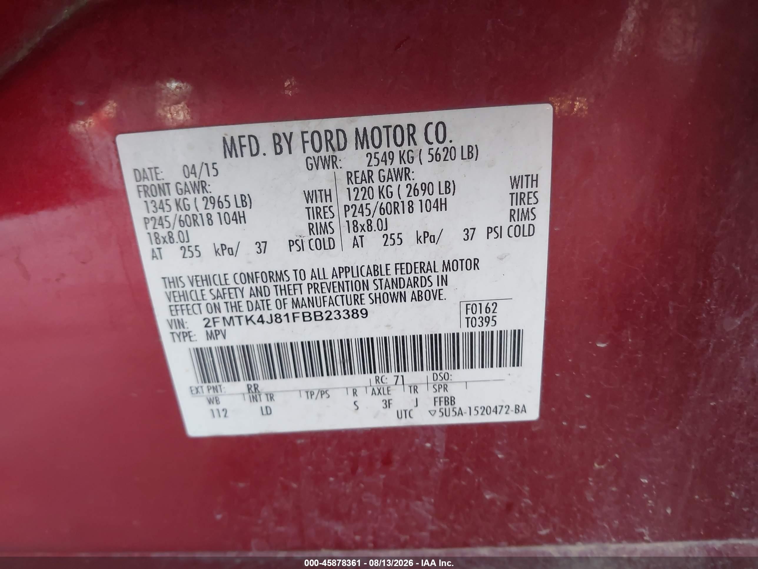 2015 Ford Edge Sel Red vin: 2FMTK4J81FBB23389