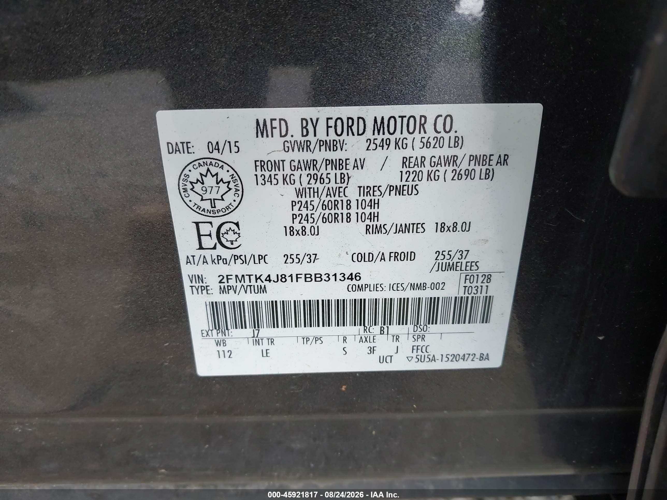 2015 Ford Edge Sel Gray vin: 2FMTK4J81FBB31346