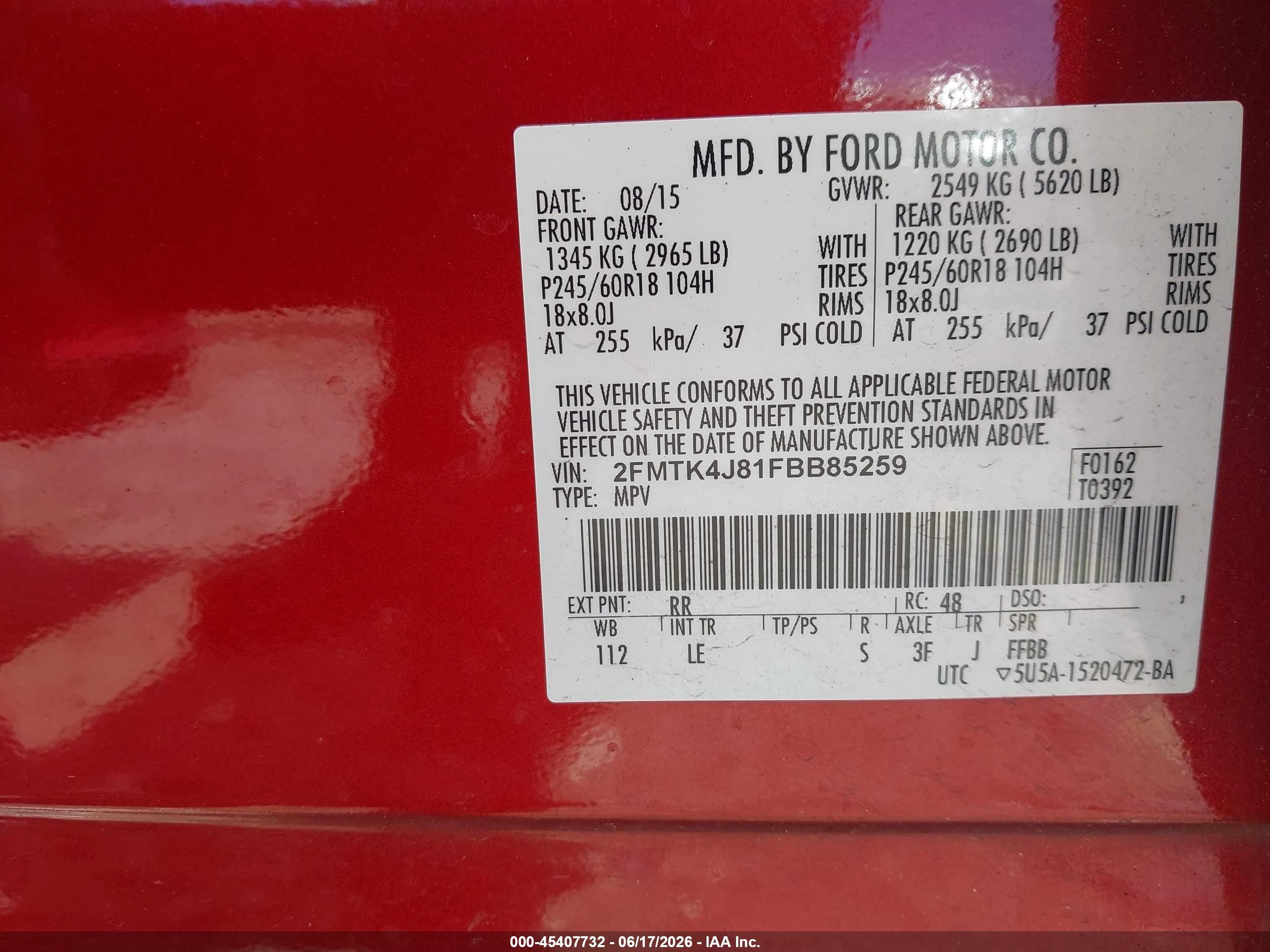 2015 Ford Edge Sel Red vin: 2FMTK4J81FBB85259