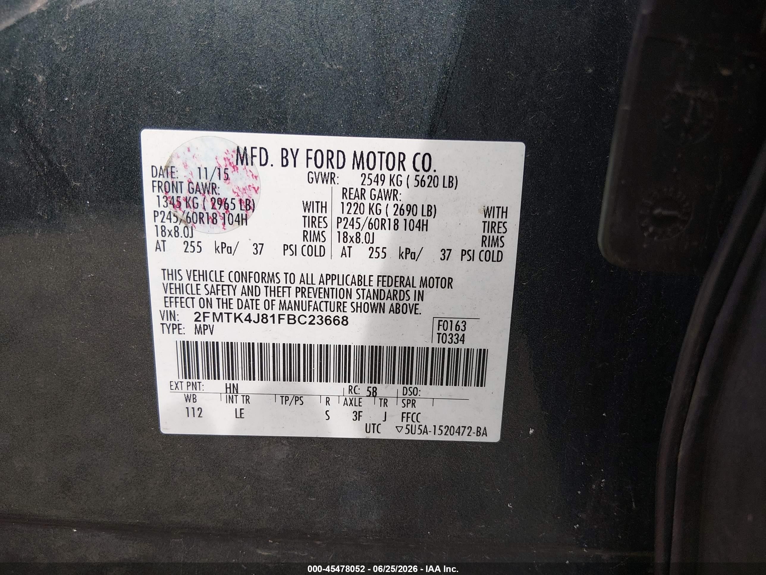 2015 Ford Edge Sel Gray vin: 2FMTK4J81FBC23668