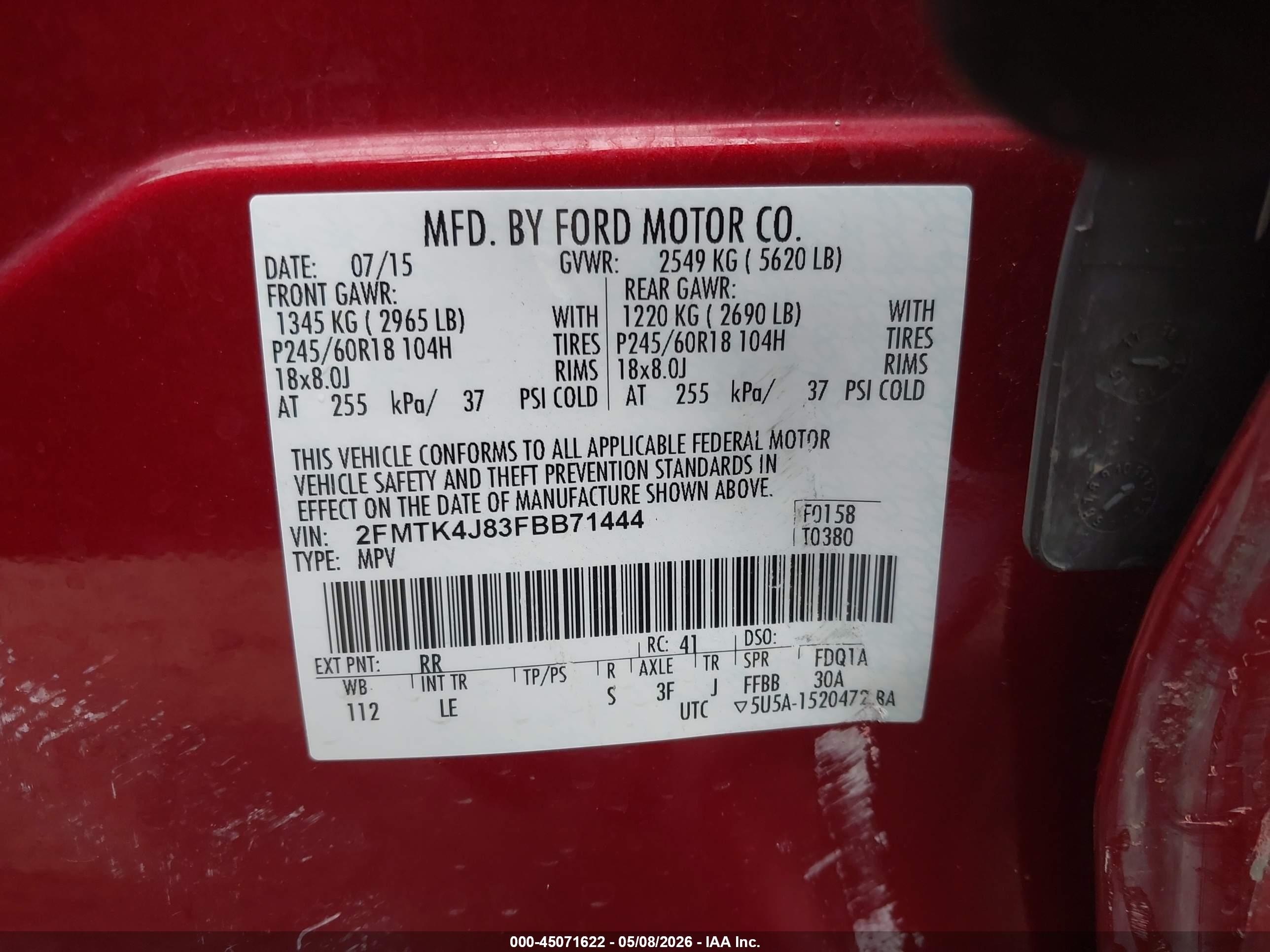2015 Ford Edge Sel Красный vin: 2FMTK4J83FBB71444
