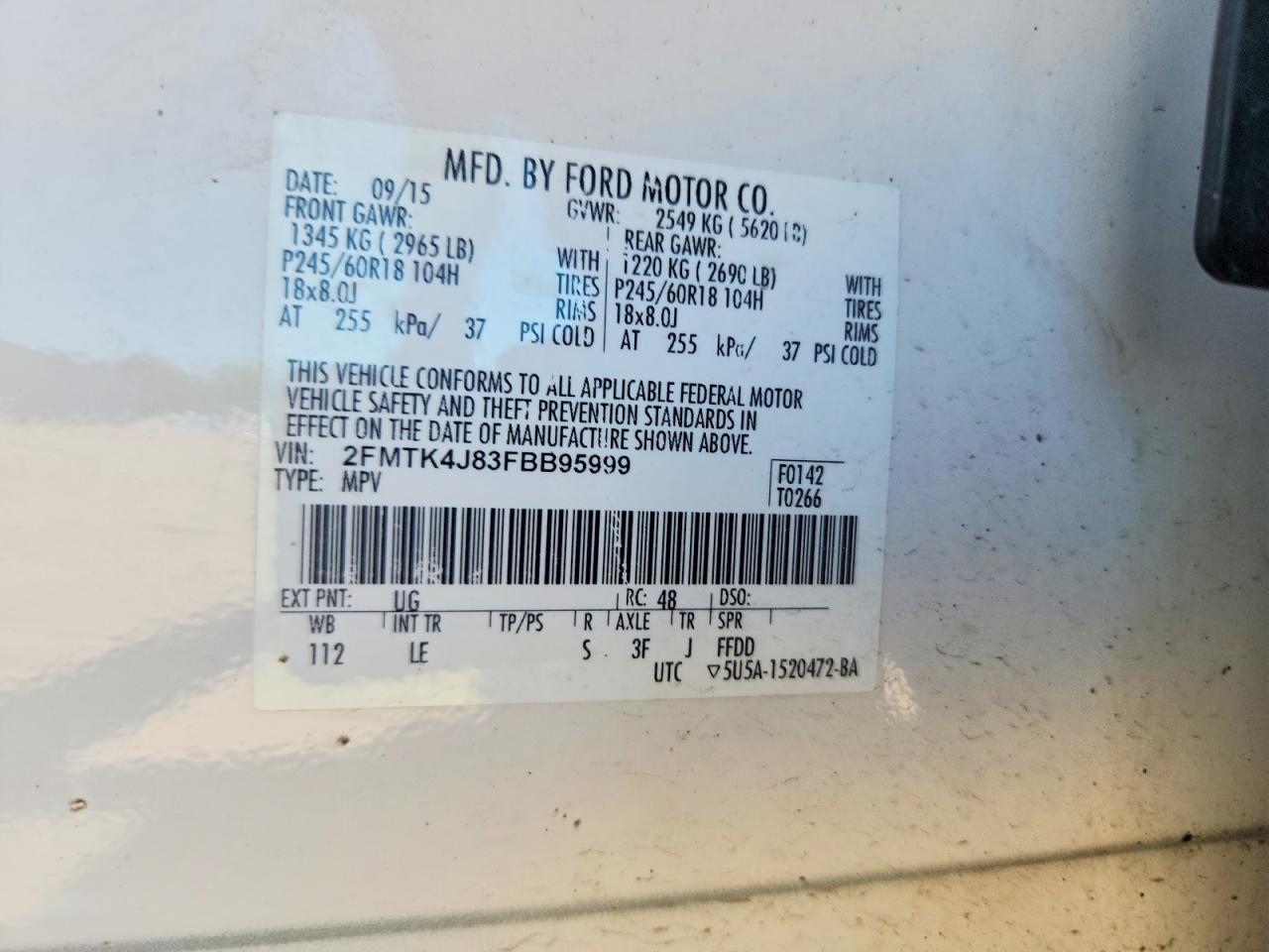2015 Ford Edge Sel White vin: 2FMTK4J83FBB95999