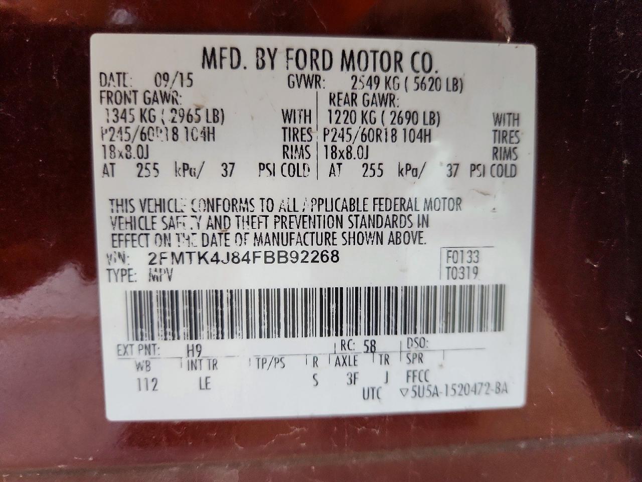 2015 Ford Edge Burgundy vin: 2FMTK4J84FBB92268