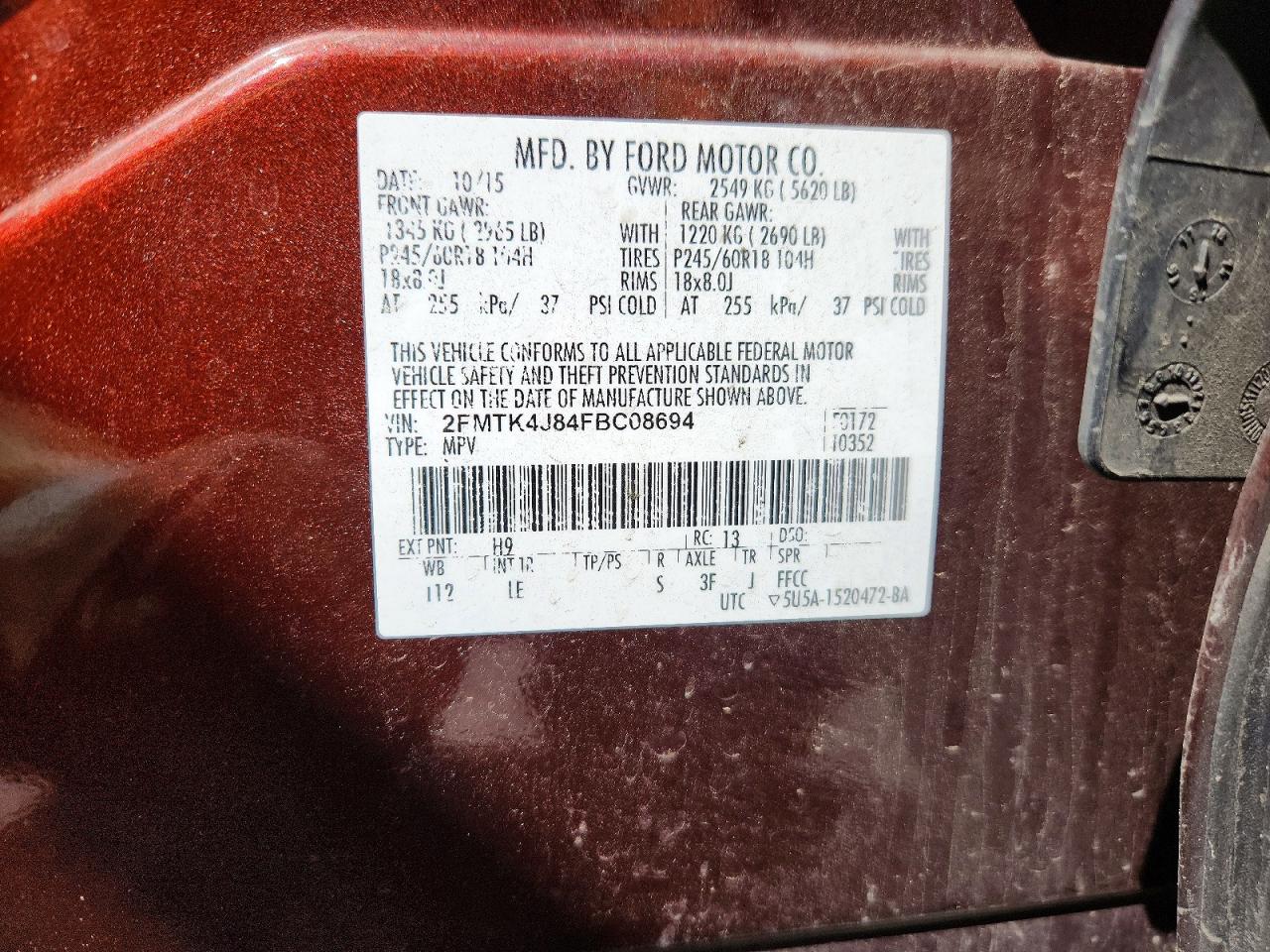 2015 Ford Edge Sel Burgundy vin: 2FMTK4J84FBC08694