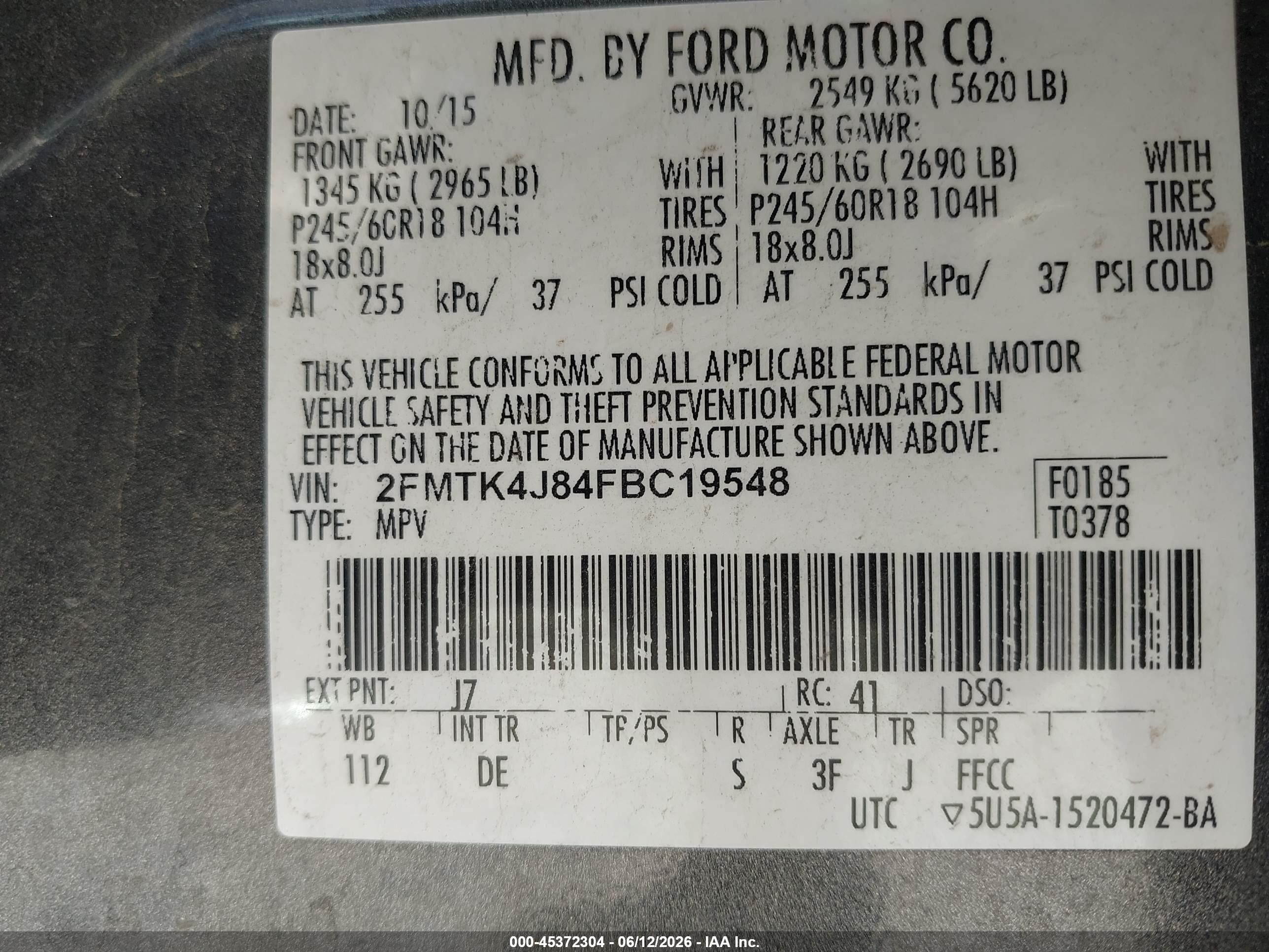 2015 Ford Edge Sel Gray vin: 2FMTK4J84FBC19548