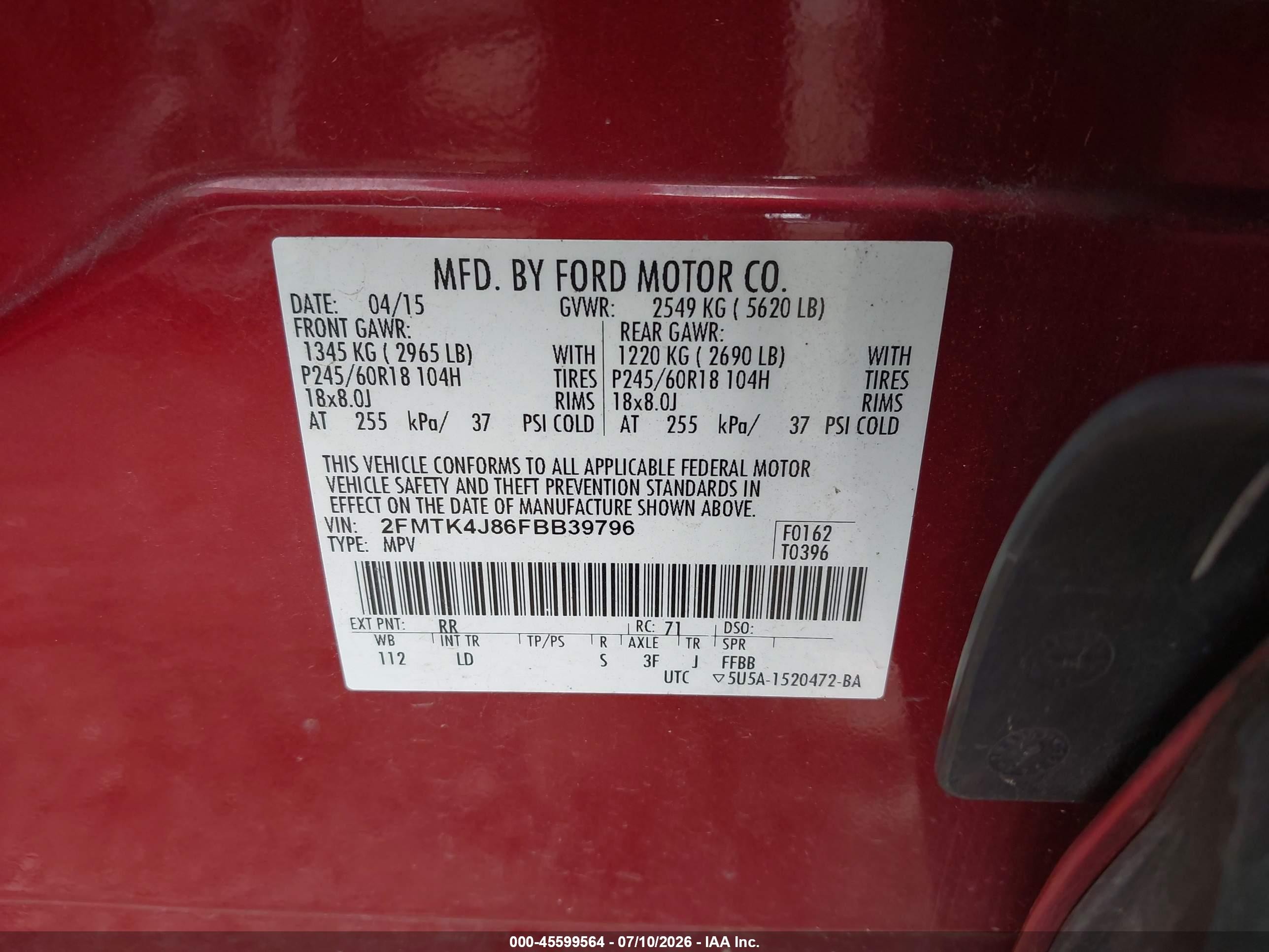 2015 Ford Edge Sel Red vin: 2FMTK4J86FBB39796