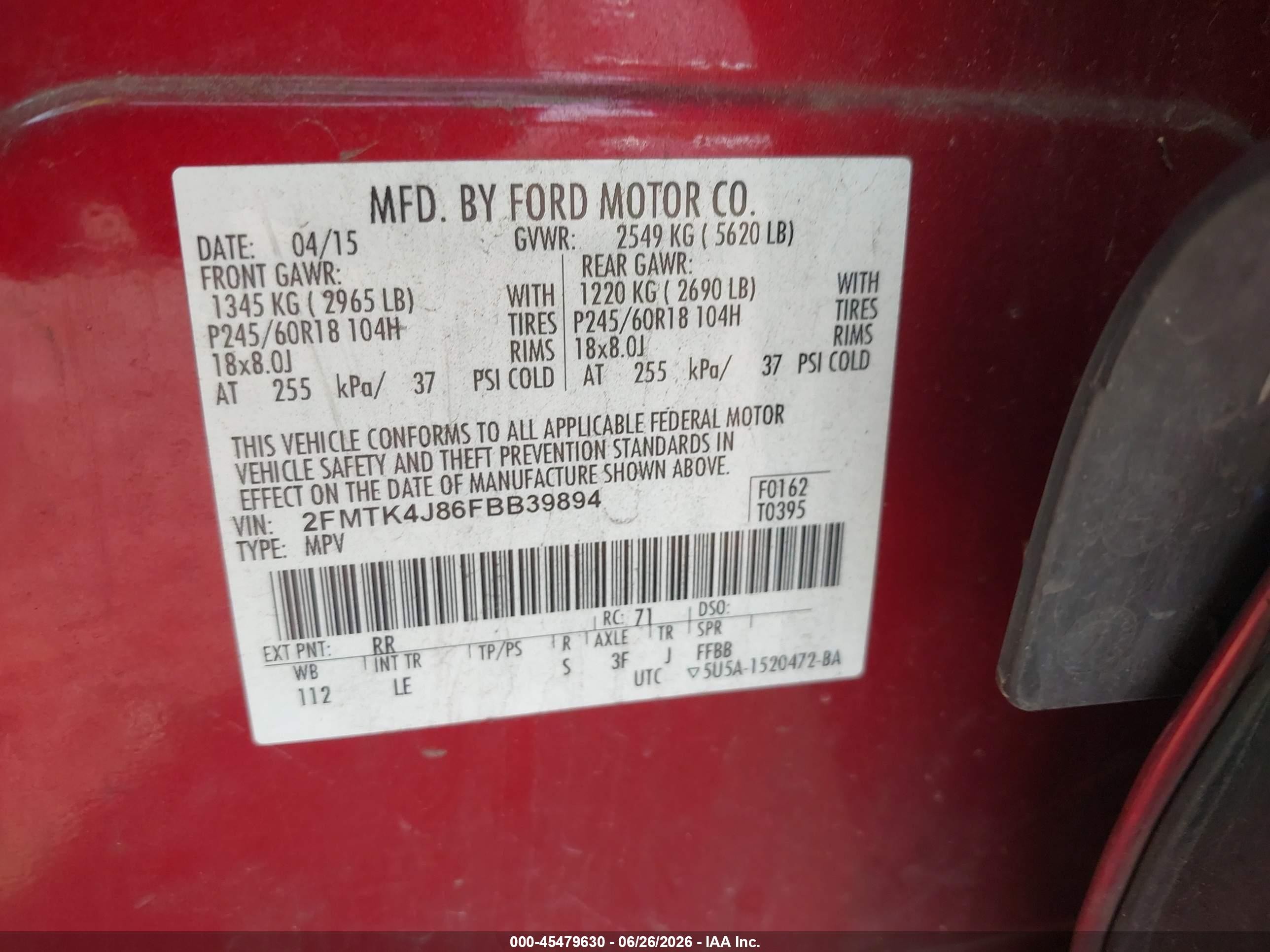 2015 Ford Edge Sel Red vin: 2FMTK4J86FBB39894