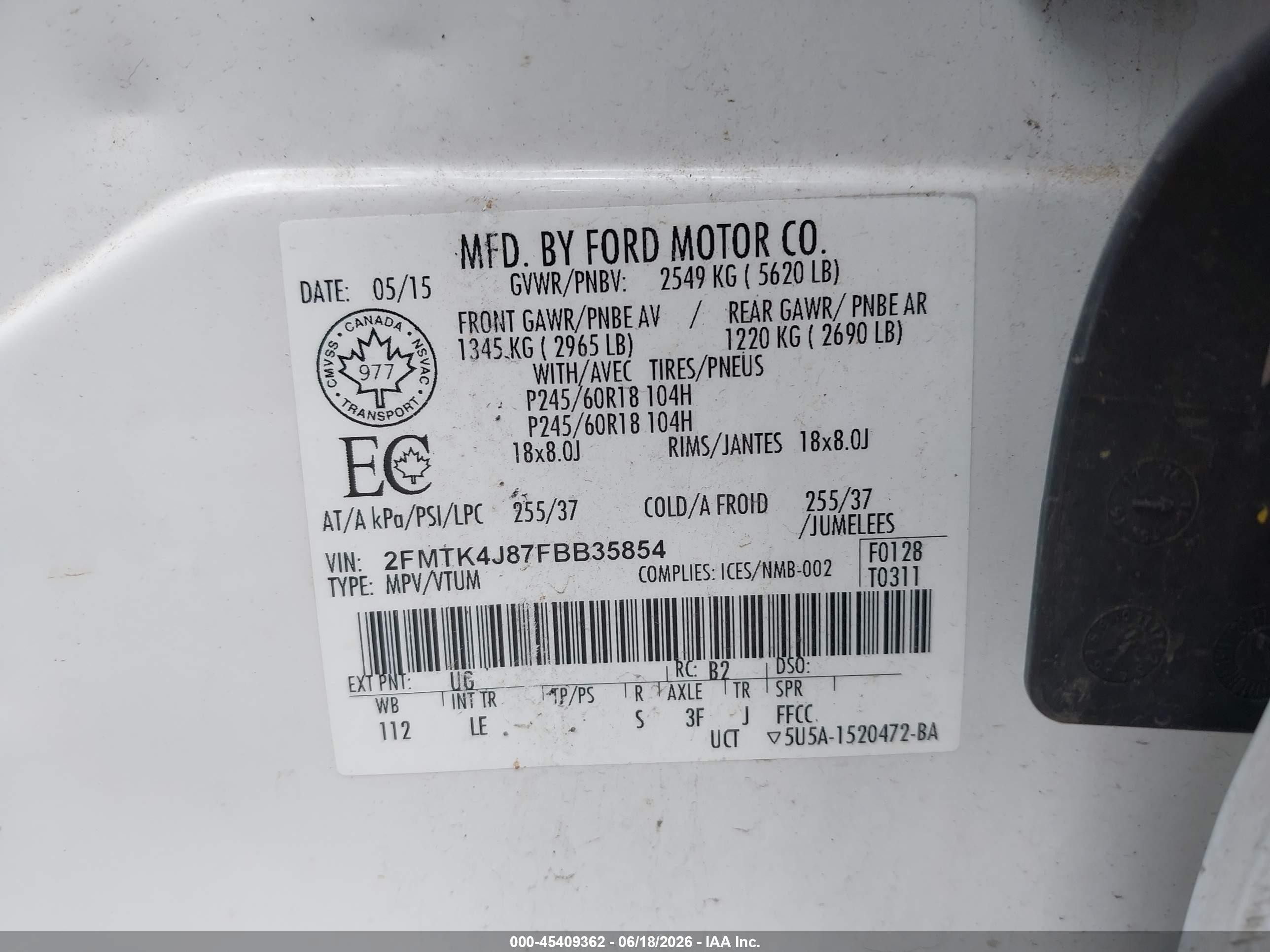 2015 Ford Edge Sel White vin: 2FMTK4J87FBB35854