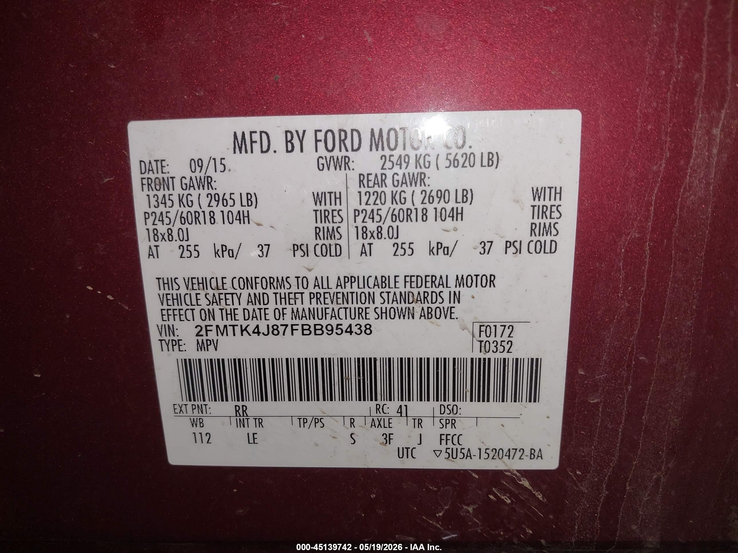 2015 Ford Edge Sel Темно-бордовый vin: 2FMTK4J87FBB95438