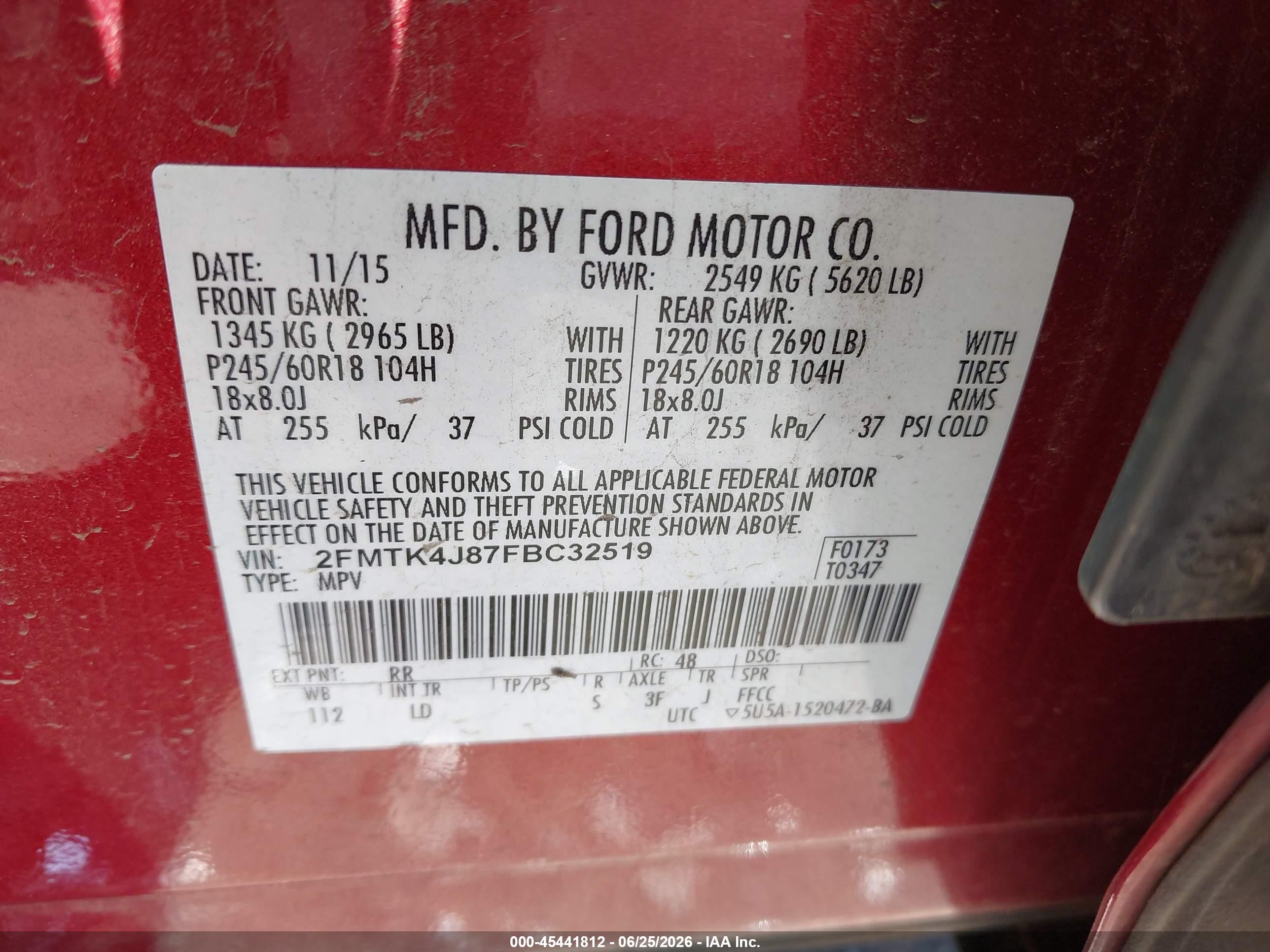 2015 Ford Edge Sel Red vin: 2FMTK4J87FBC32519