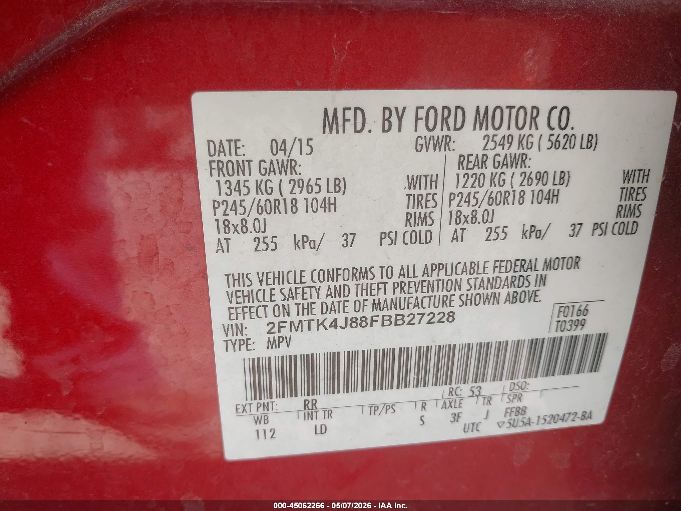 2015 Ford Edge Sel Red vin: 2FMTK4J88FBB27228
