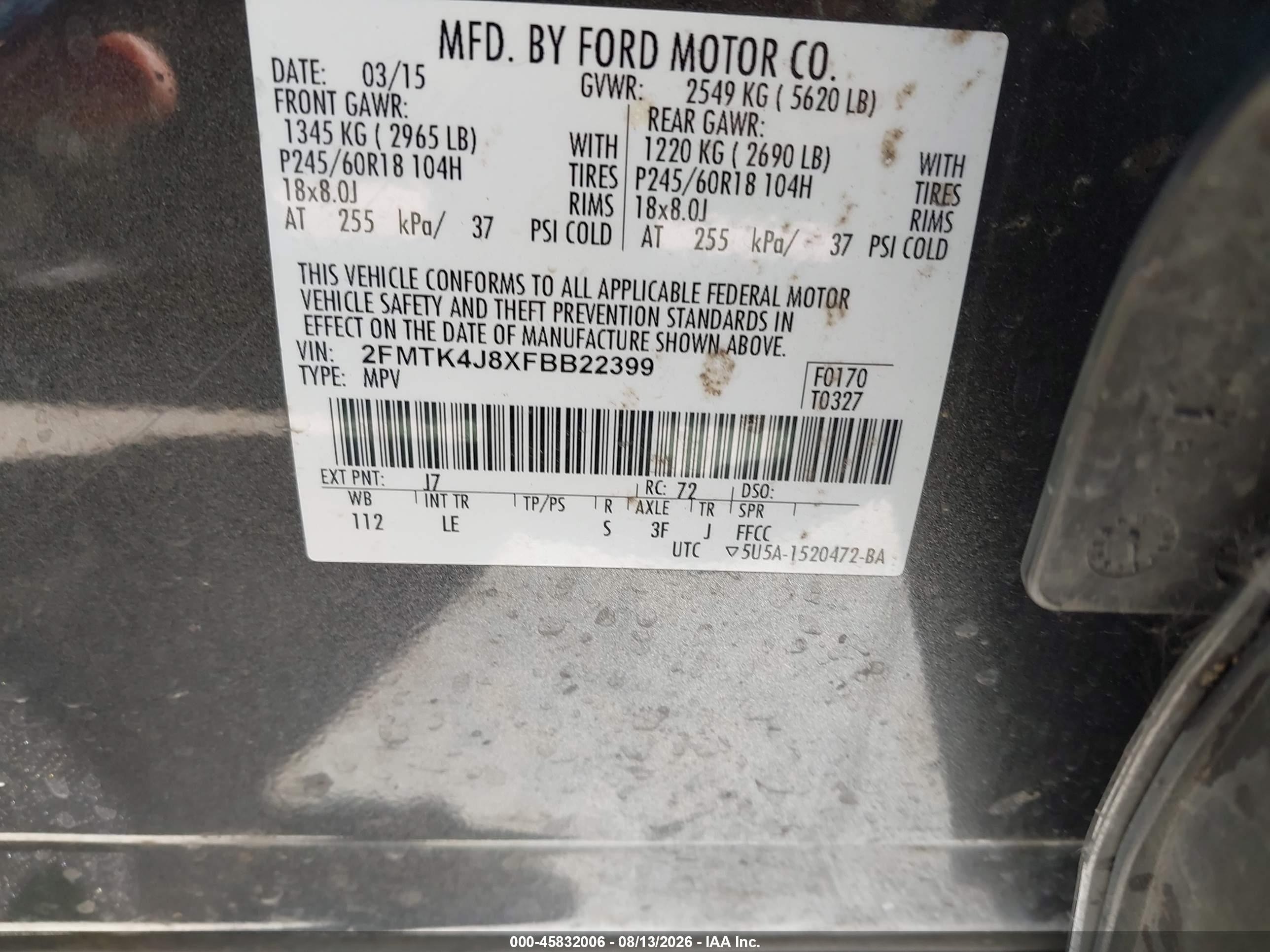 2015 Ford Edge Sel Gray vin: 2FMTK4J8XFBB22399