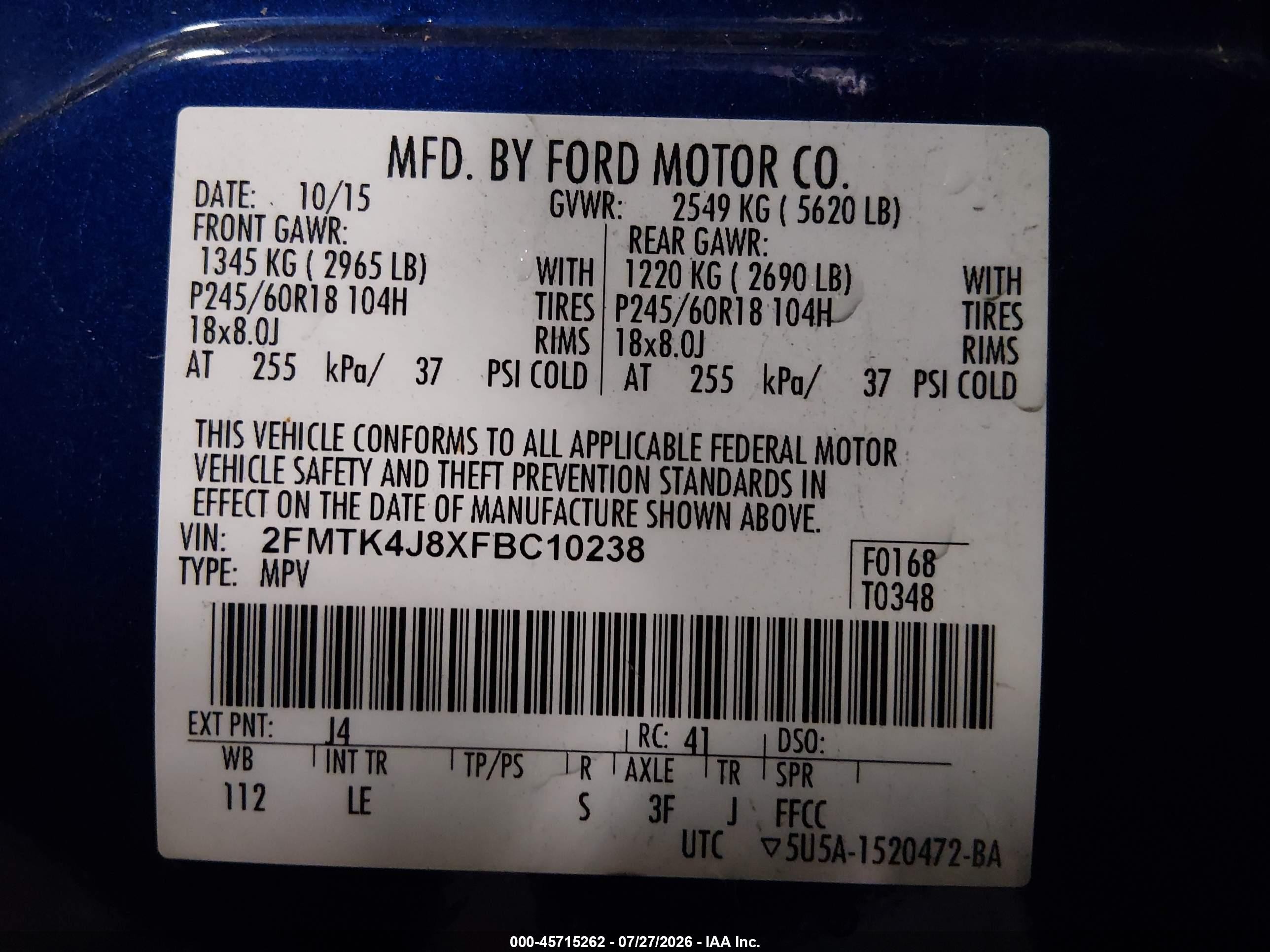 2015 Ford Edge Sel Blue vin: 2FMTK4J8XFBC10238