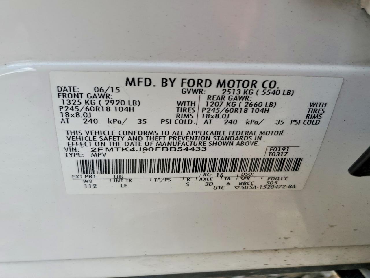 2015 Ford Edge Sel White vin: 2FMTK4J90FBB54433