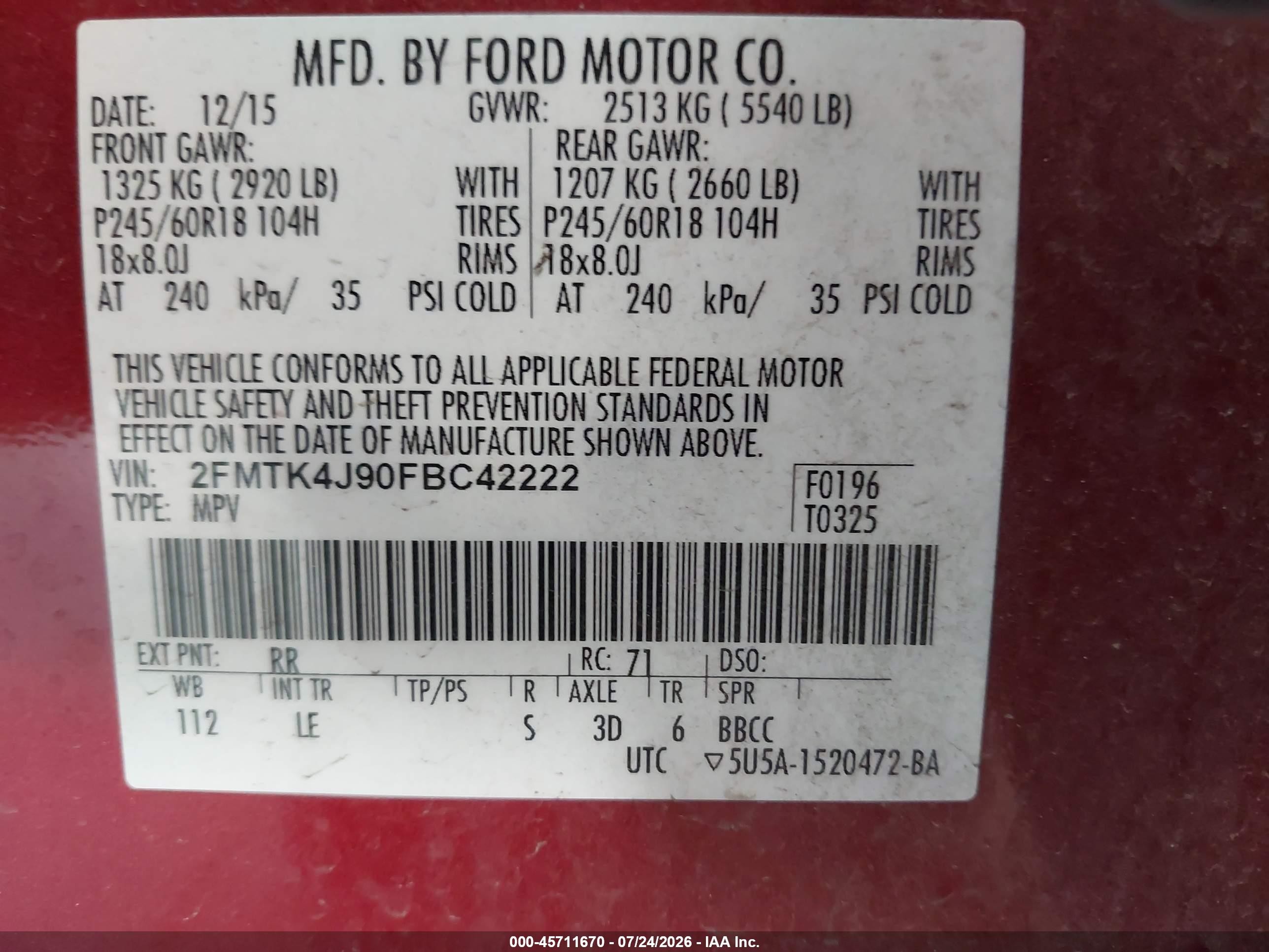 2015 Ford Edge Sel Red vin: 2FMTK4J90FBC42222