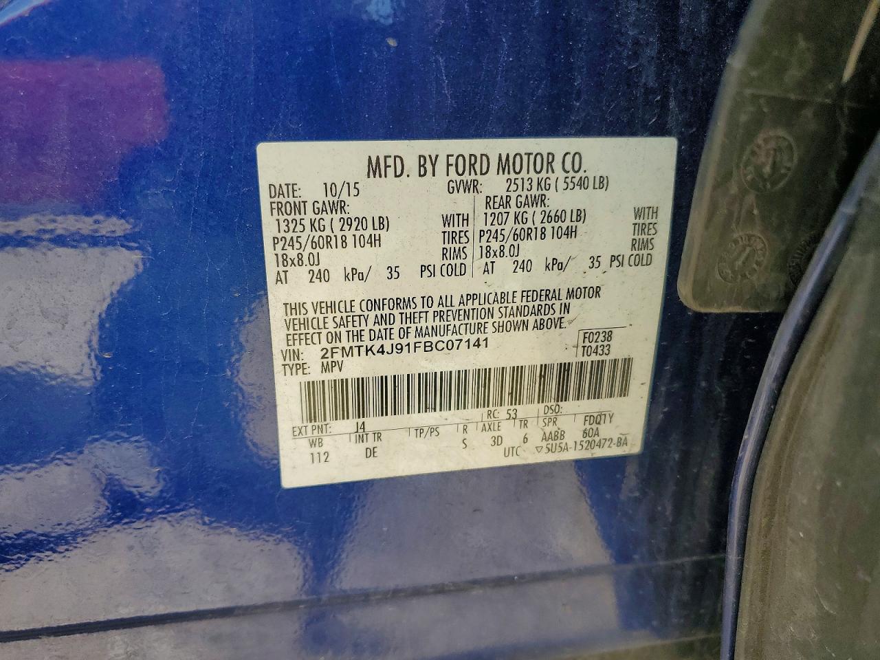 2015 Ford Edge Blue vin: 2FMTK4J91FBC07141