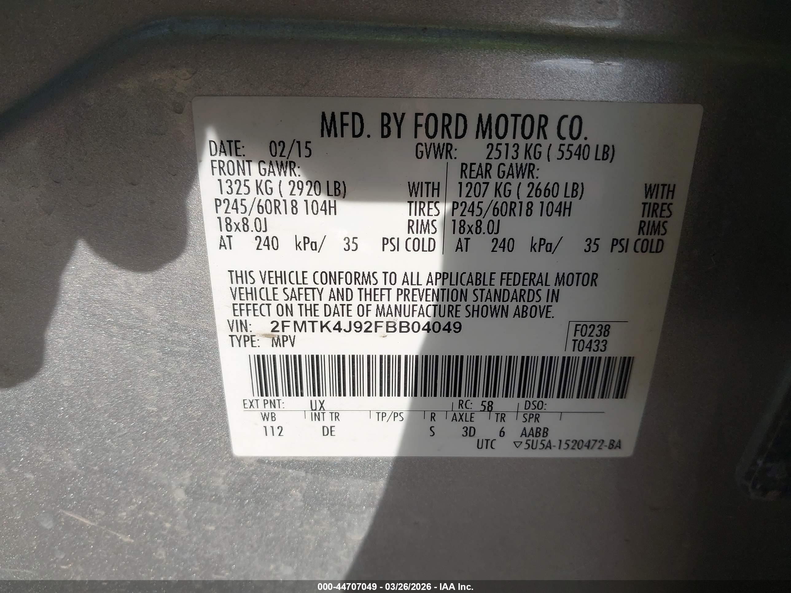 2015 Ford Edge Sel Silver vin: 2FMTK4J92FBB04049