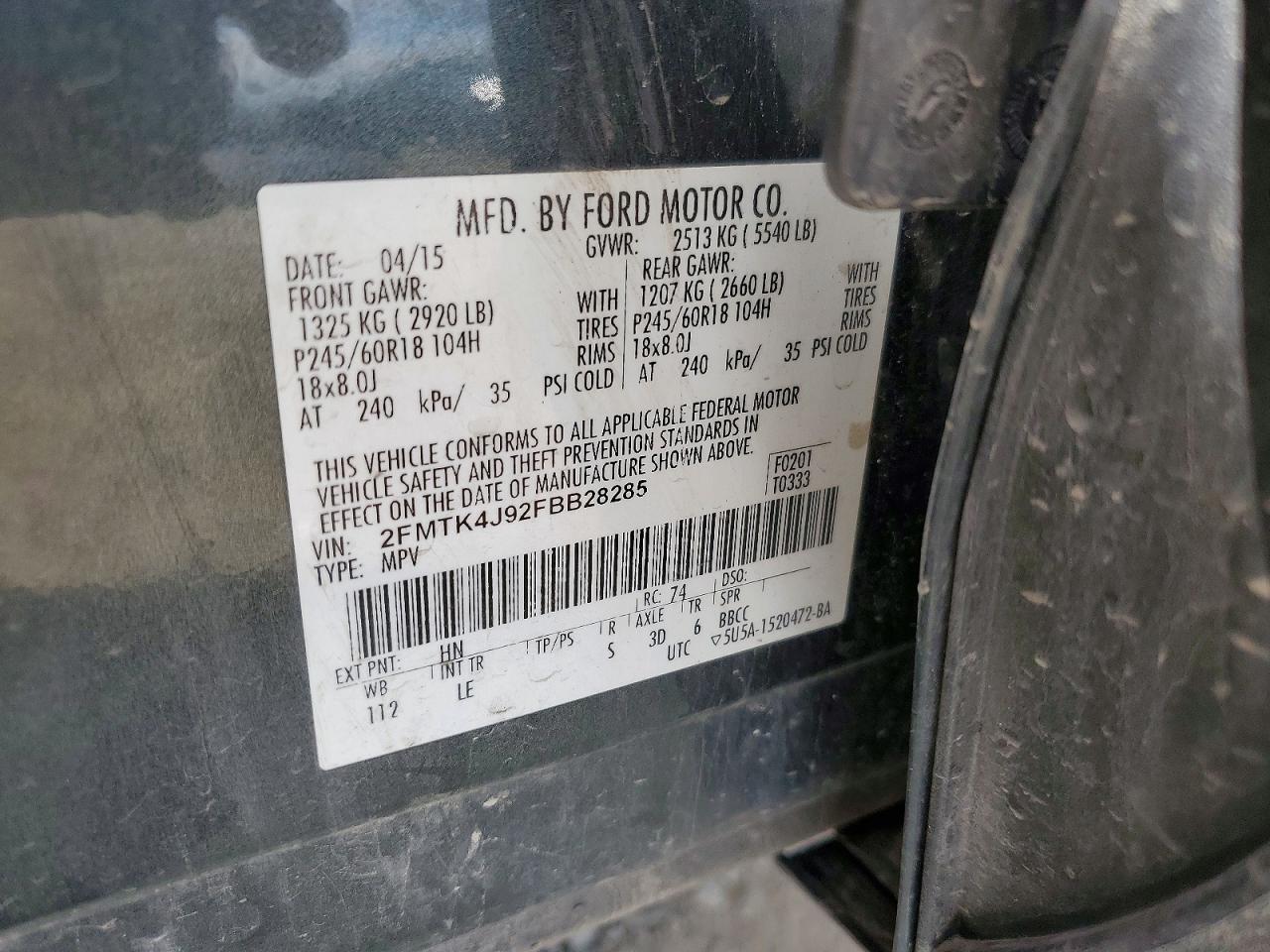 2015 Ford Edge Sel Charcoal vin: 2FMTK4J92FBB28285