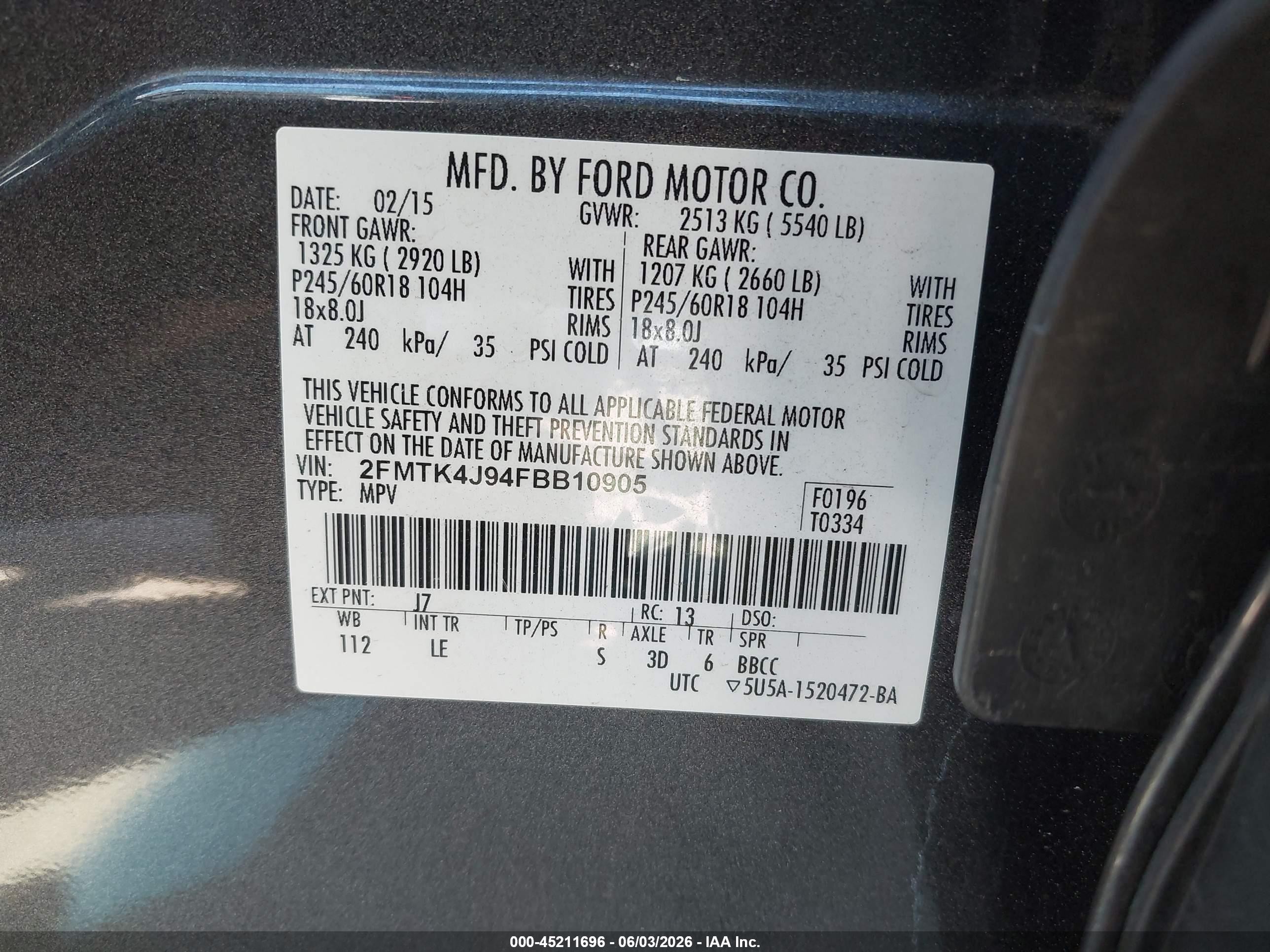 2015 Ford Edge Sel Серый vin: 2FMTK4J94FBB10905