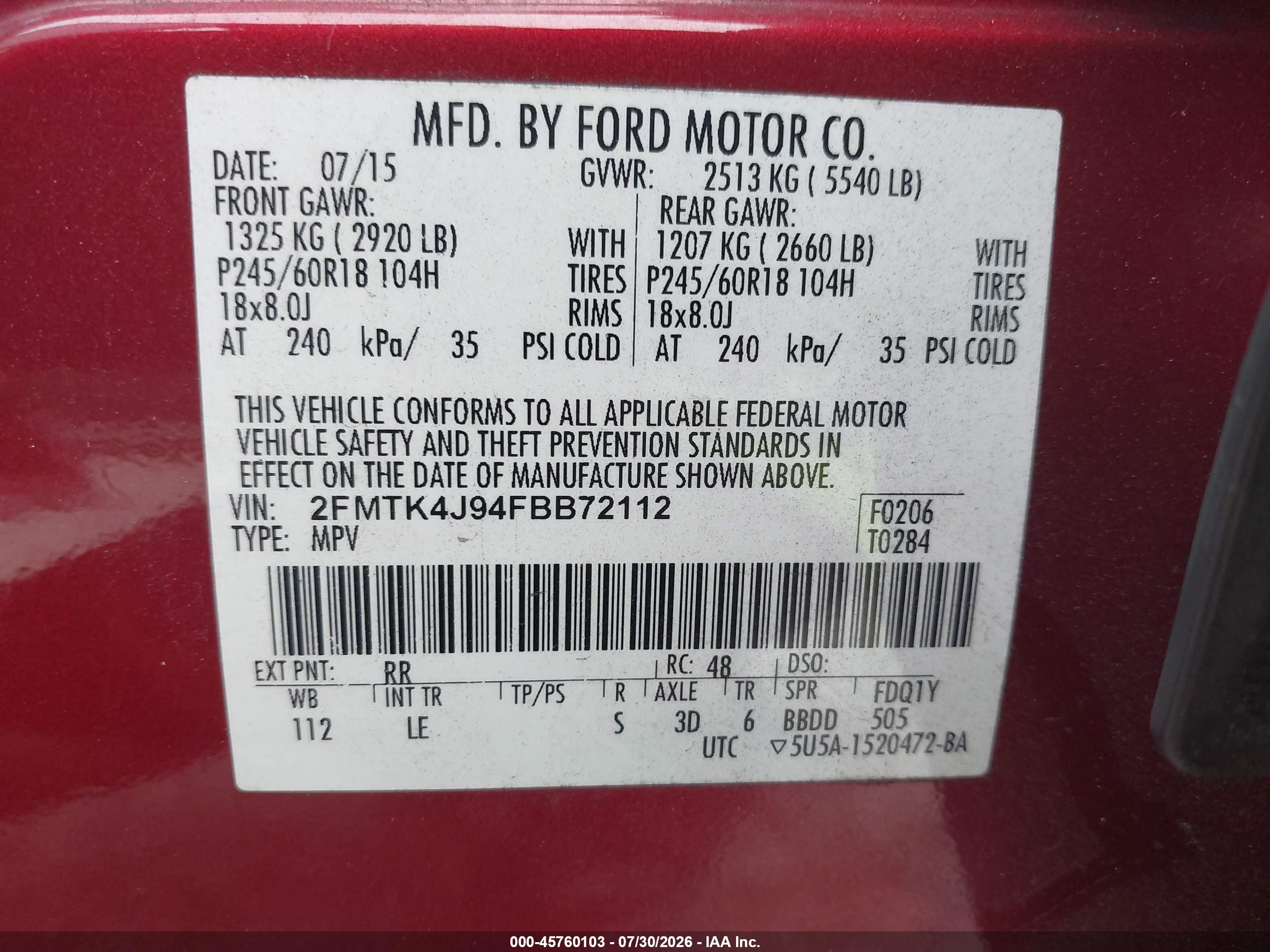 2015 Ford Edge Sel Red vin: 2FMTK4J94FBB72112