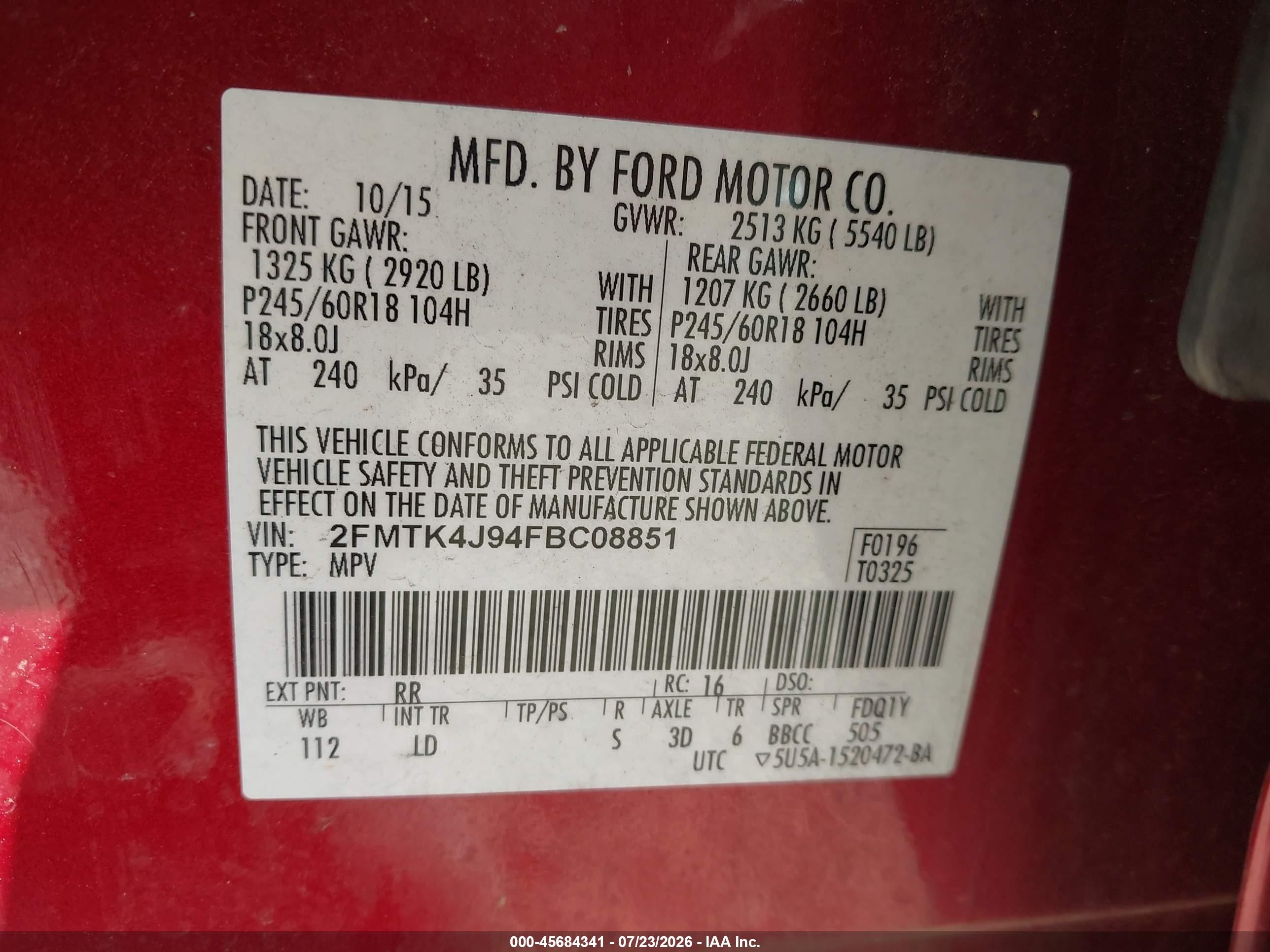 2015 Ford Edge Sel Red vin: 2FMTK4J94FBC08851
