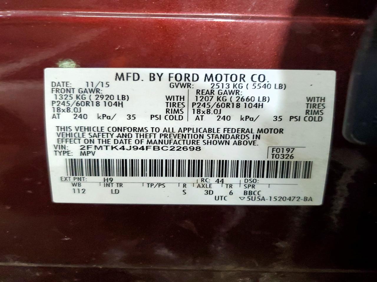 2015 Ford Edge Sel Maroon vin: 2FMTK4J94FBC22698
