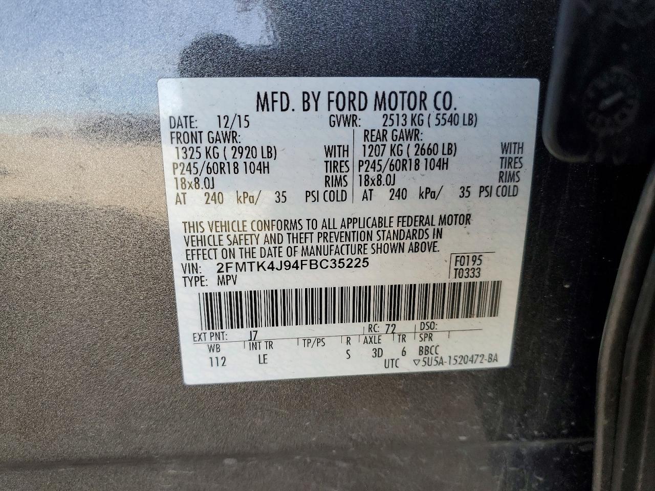 2015 Ford Edge Sel Charcoal vin: 2FMTK4J94FBC35225