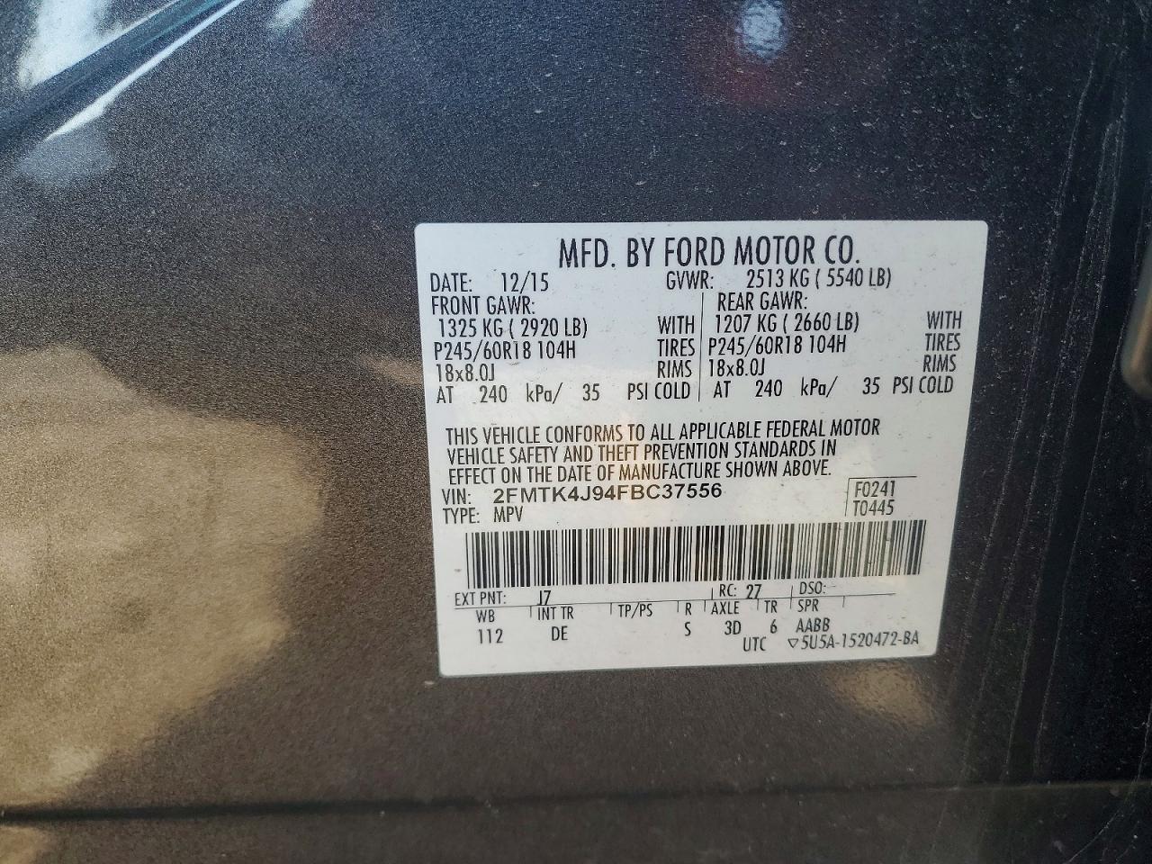 2015 Ford Edge Sel Gray vin: 2FMTK4J94FBC37556