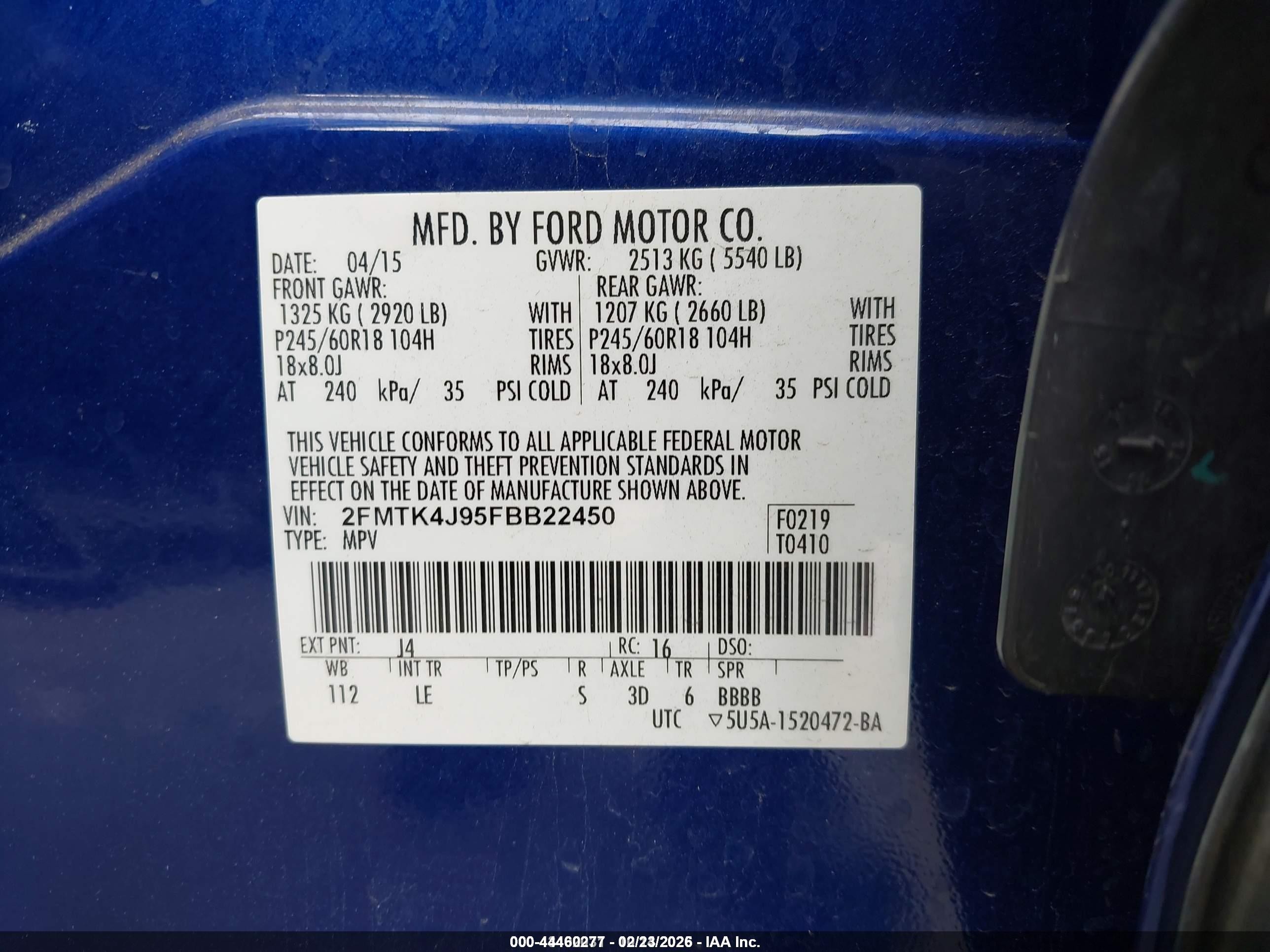 2015 Ford Edge Sel Blue vin: 2FMTK4J95FBB22450