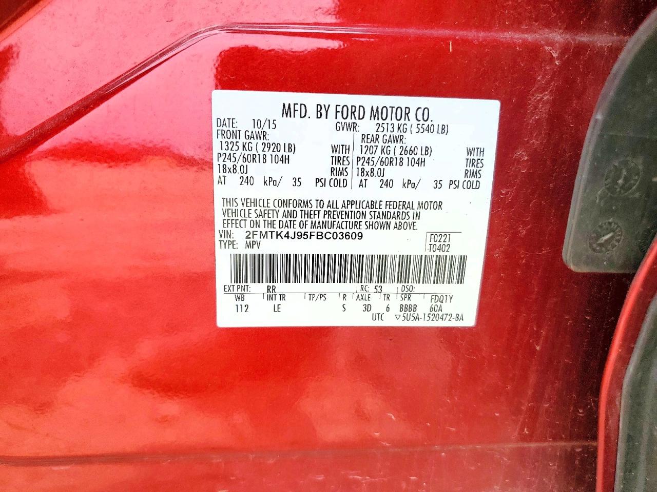 2015 Ford Edge Sel Red vin: 2FMTK4J95FBC03609