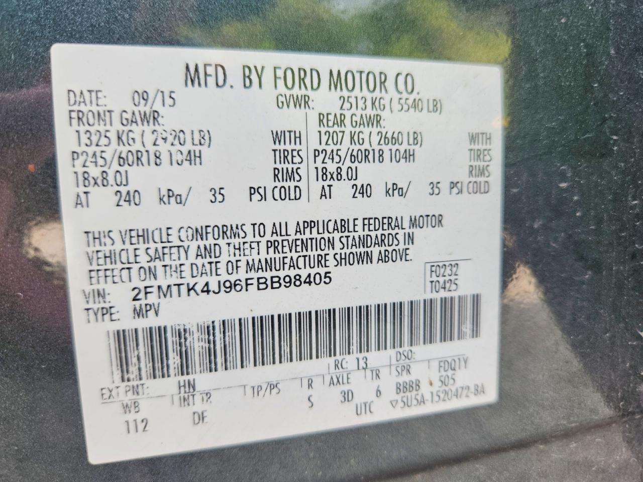 2015 Ford Edge Sel Green vin: 2FMTK4J96FBB98405