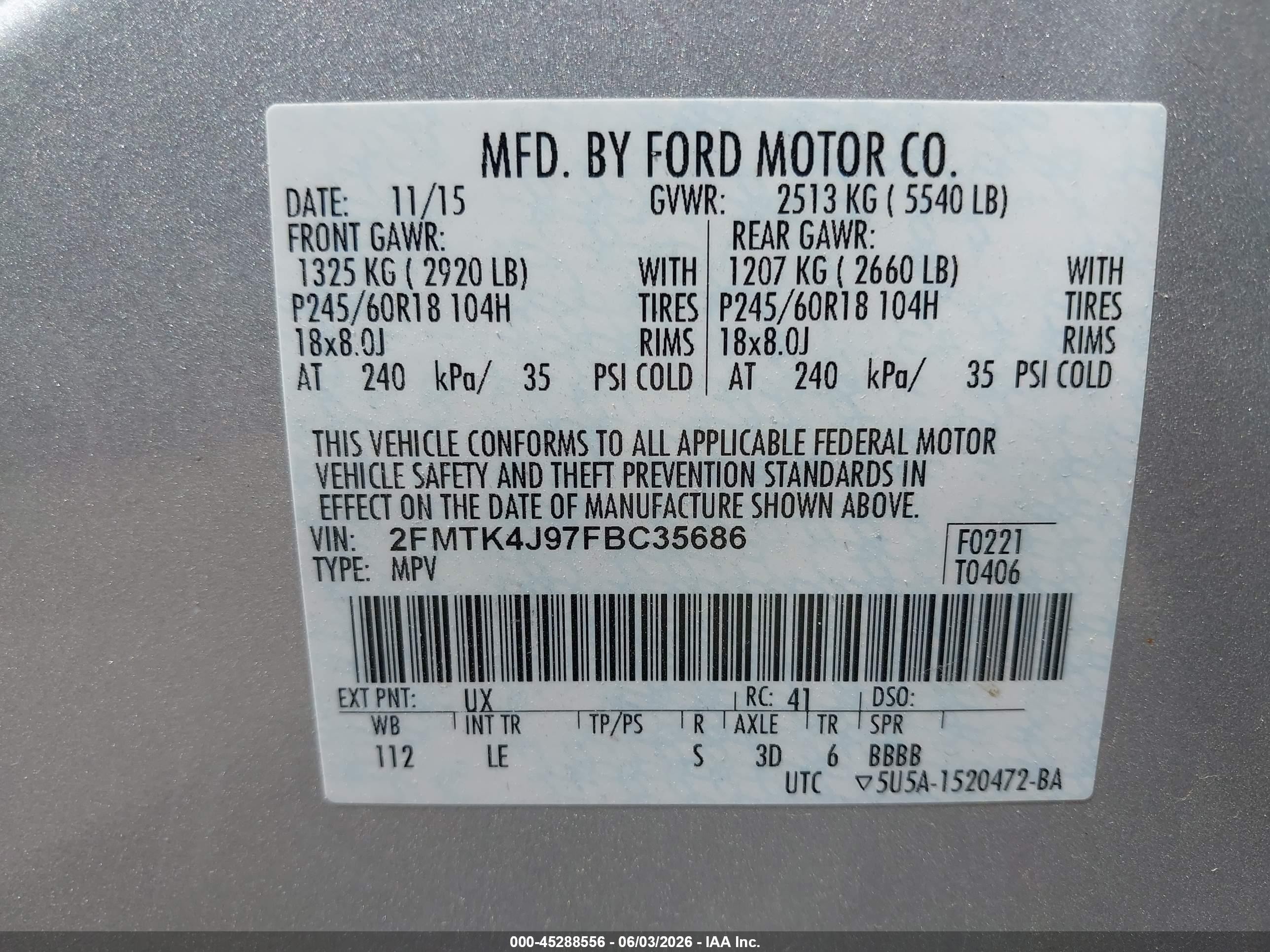 2015 Ford Edge Sel Серый vin: 2FMTK4J97FBC35686