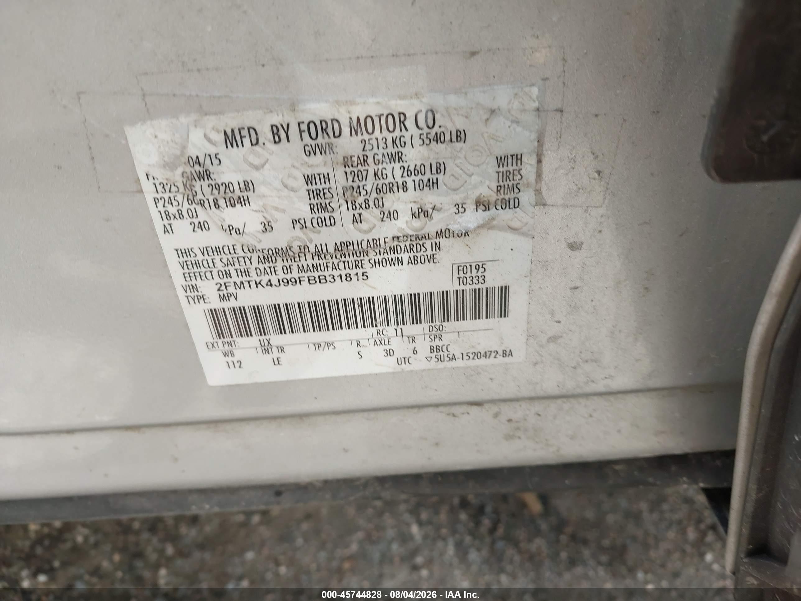 2015 Ford Edge Sel Silver vin: 2FMTK4J99FBB31815