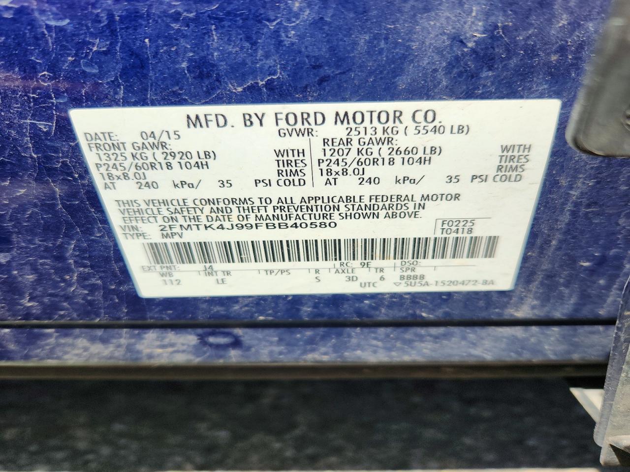 2015 Ford Edge Sel Blue vin: 2FMTK4J99FBB40580