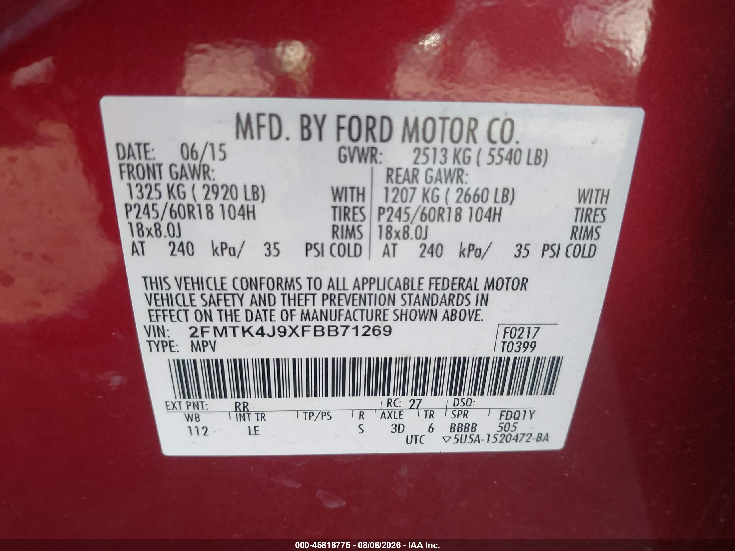 2015 Ford Edge Sel Red vin: 2FMTK4J9XFBB71269