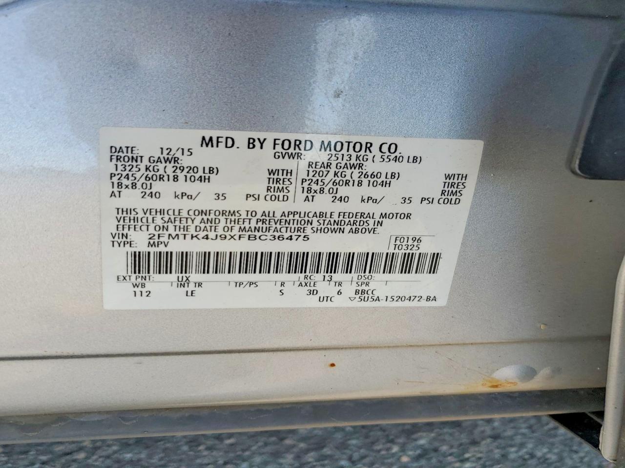 2015 Ford Edge Sel Silver vin: 2FMTK4J9XFBC36475