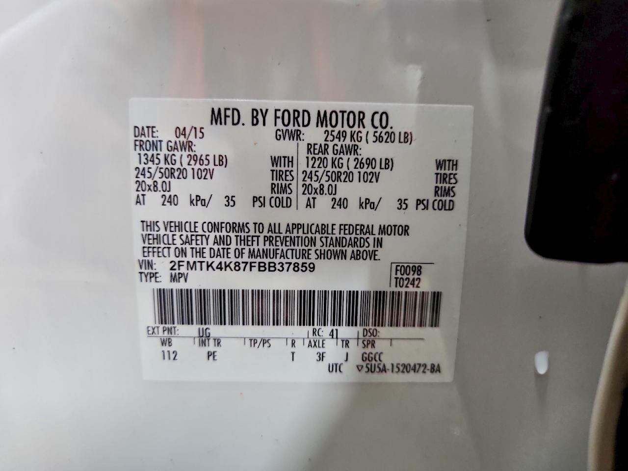 2015 Ford Edge Titanium White vin: 2FMTK4K87FBB37859
